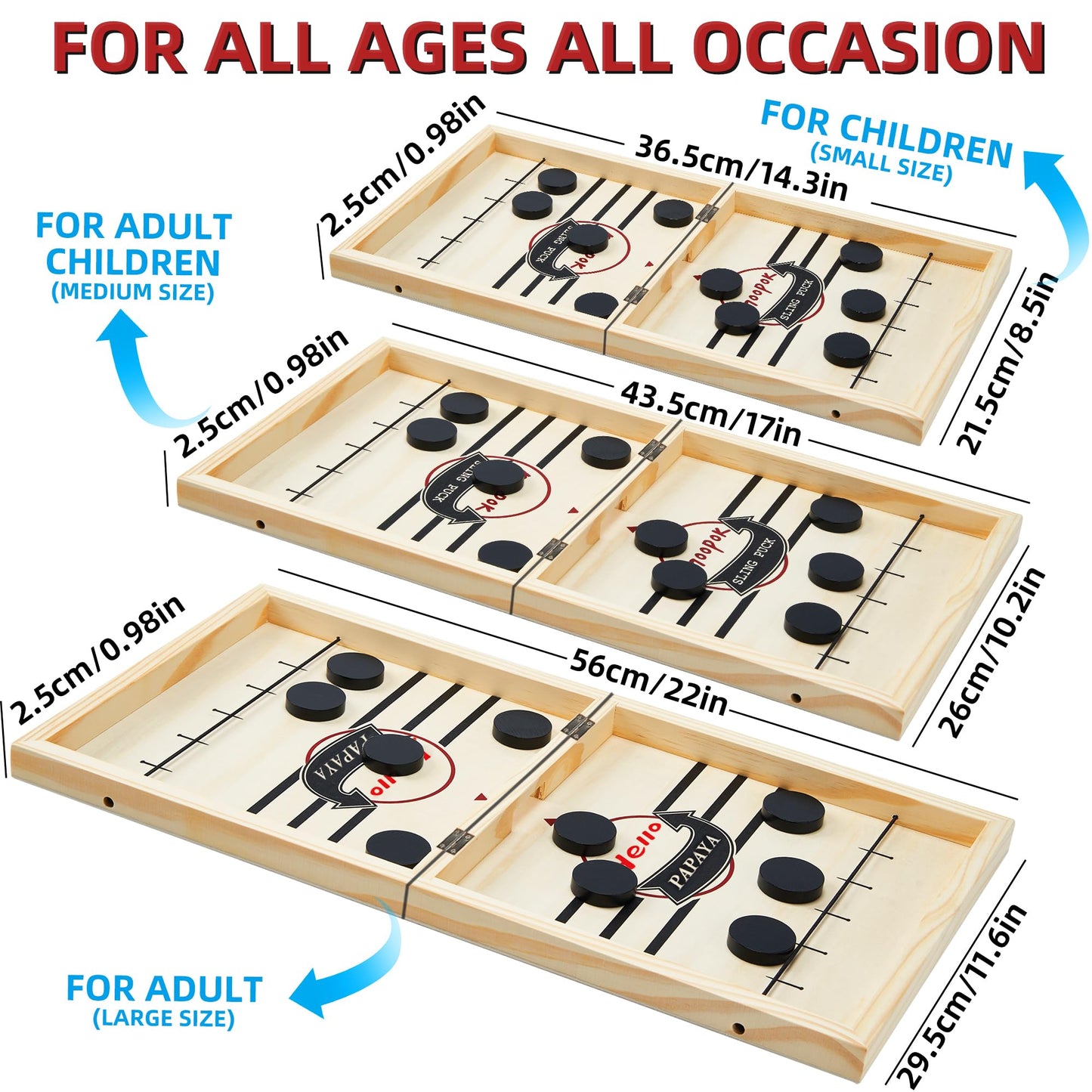 HELLO PAPAYA Foldable Fast Sling Puck Game with Chess Board and Checkers Board, Tic Tac Toe. Wooden Air Hockey Family Night,Table Games Gifts for Adults and Kids