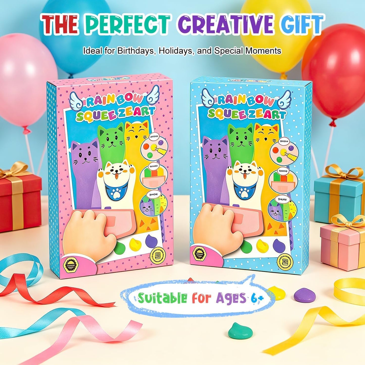 Rainbow Squeeze Art Kit, 2026 Upgrade Magic Rainbow Scratch Paper Art Set, Creative Squeegee Painting Kit DIY Postcards Scratch for Birthday Party Favors (Pink+Blue)