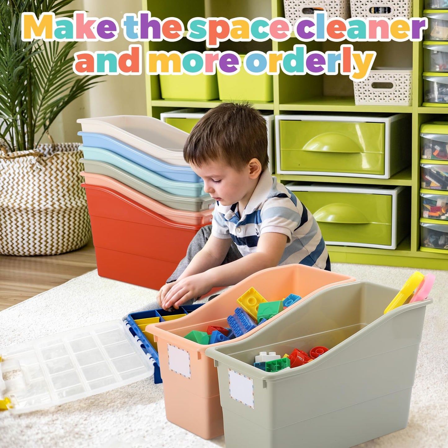 Suzile 12 Pcs Book Storage Bins with Labels Plastic Boho Folder Magazine File Holder Interlocking for Office Classroom Home book Organizer Container (Classic Colors)