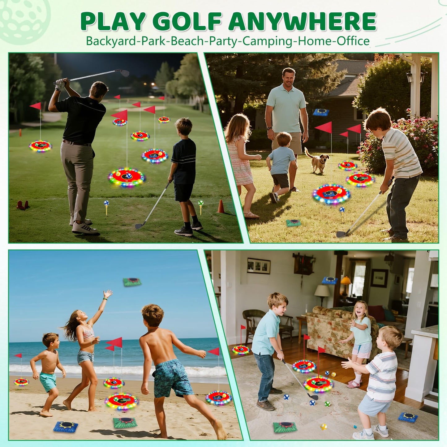 TERRAMUS Light Up Golf Play Set - Upgraded Backyard Golf Chipping Game with 6 LED Targets, 2 Clubs, 18 Balls, 6 Bean Bags, Night Golf Toys Gifts for Kids Golfers Family Indoor Outdoor Beach Lawn Park