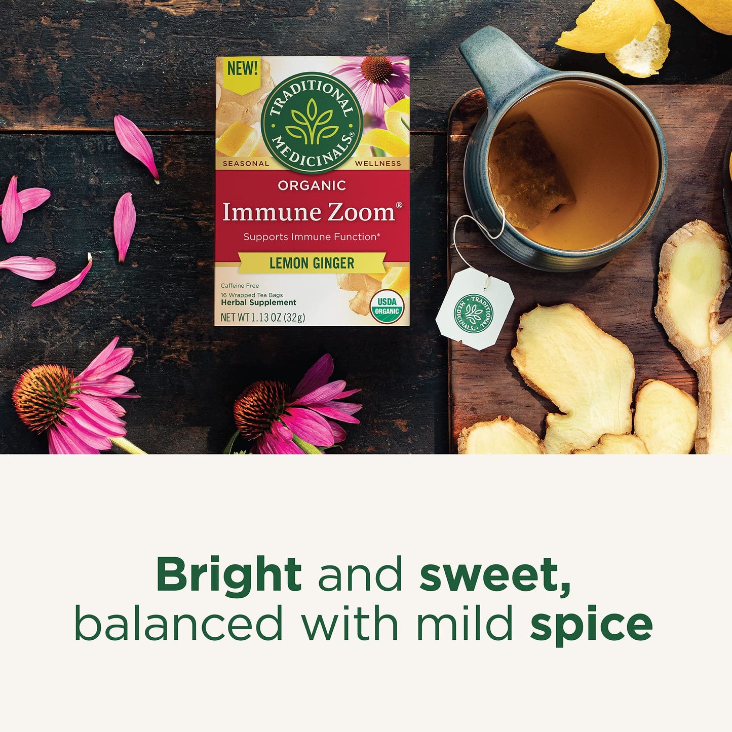 Traditional Medicinals Tea, Organic Immune Zoom Lemon Ginger - Supports Immune Function - Kosher, Non-GMO, Caffeine-Free, Compostable - 96 Tea Bags (6 Pack)