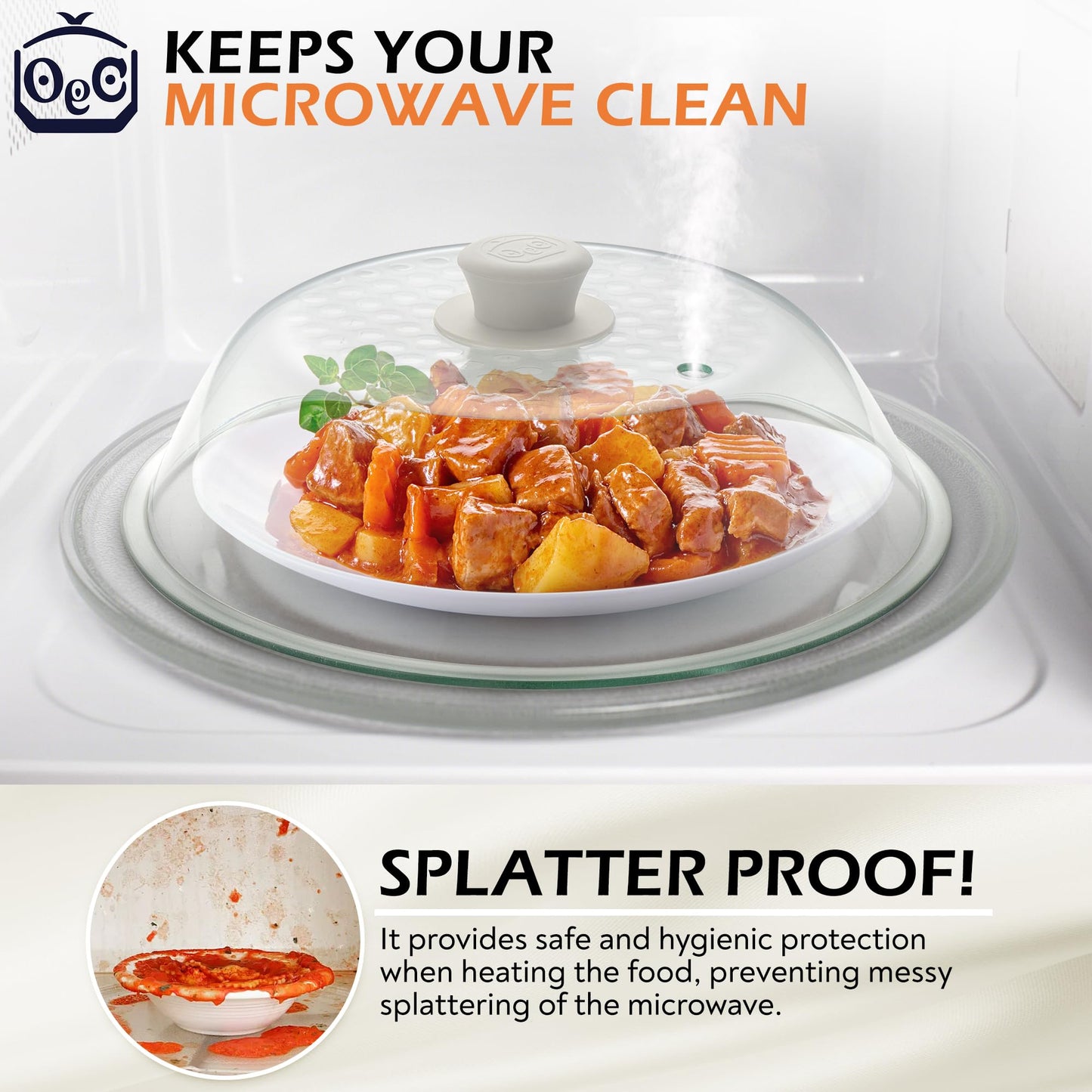 OEC Lighter Weight Tempered Glass Microwave Splatter Cover - 11.5 inch (Inner Diameter 10.6”) - Heat-Resistant -Durable Glass Lid with Vent, Silicone Knob, Dishwasher Safe, 100% Food Grade - BPA Free