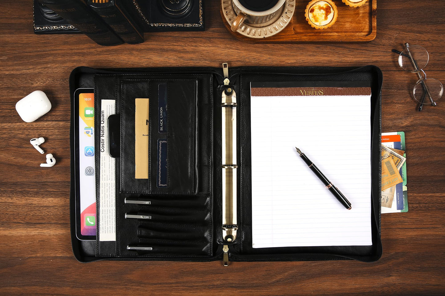Handmade Leather Portfolio Binder - Leather Binder 3 Ring Portfolio Genuine Leather Business Padfolio, Personlized Legal Pad Folio Folder for Lefty & Righty - Oil Black