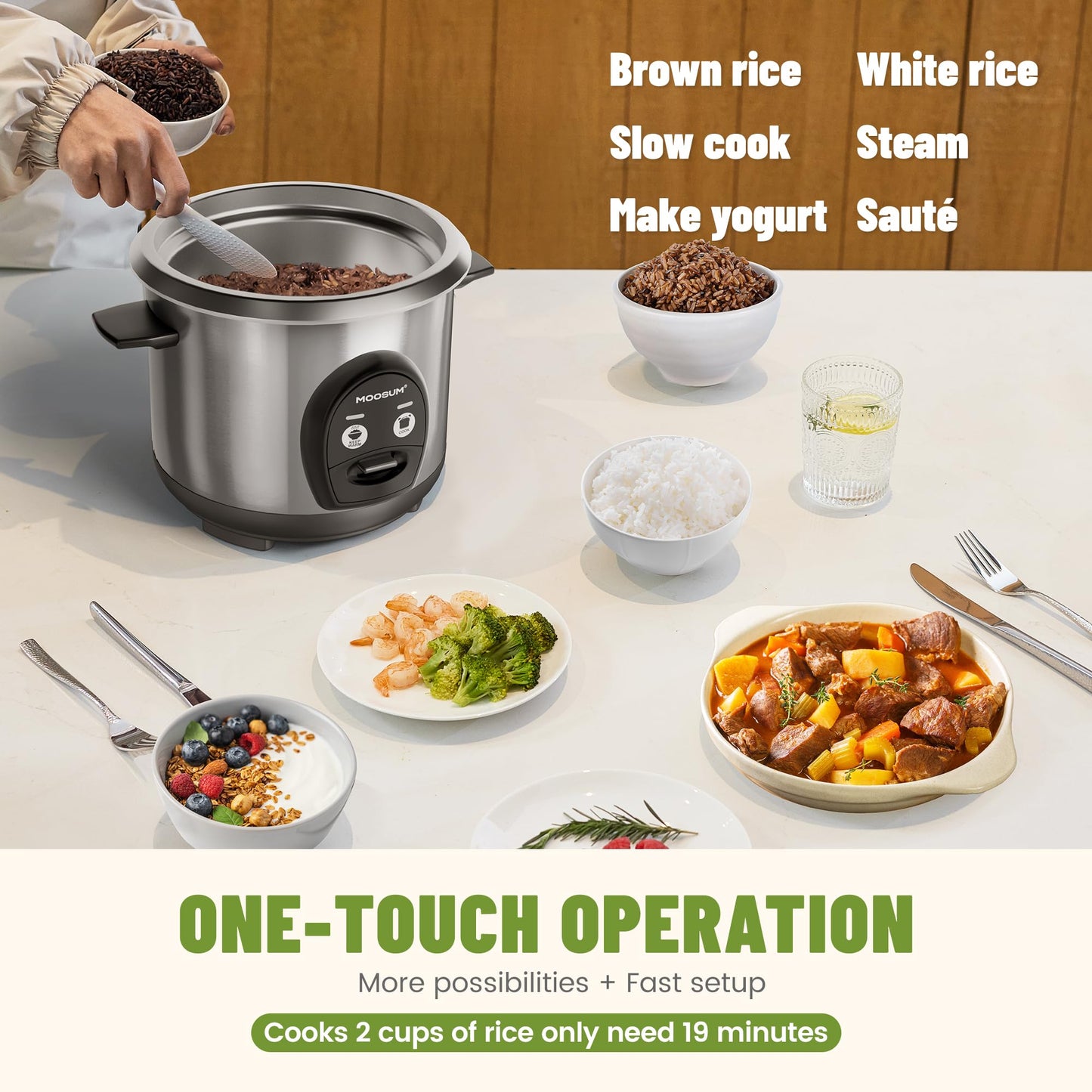 MOOSUM 3-Cup Uncooked Rice Cooker Small, Stainless Steel Non-Toxic Inner Pot, One-Touch Multifunction for Rice/Sauté/Yogurt, Dishwasher Safe, 1-3 People Size, Silver