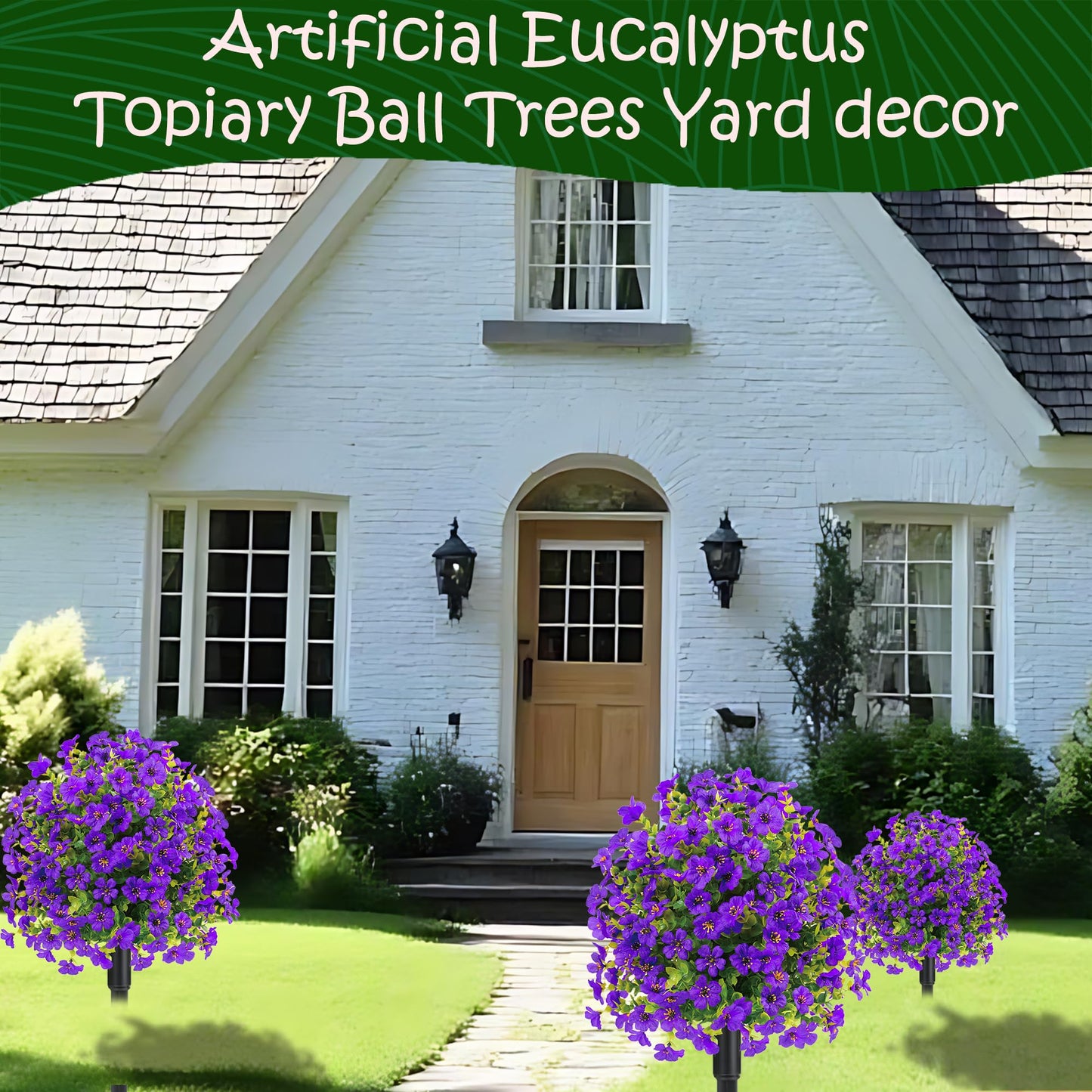 23" Set of 2 Spring Artificial Boxwood Topiary Ball Trees with Spikes,UV Resistant Fake Outdoor shrubs with Violet Flowers, Realistic Faux Plants Bushes for Garden Porch Yard Patio(Purple)