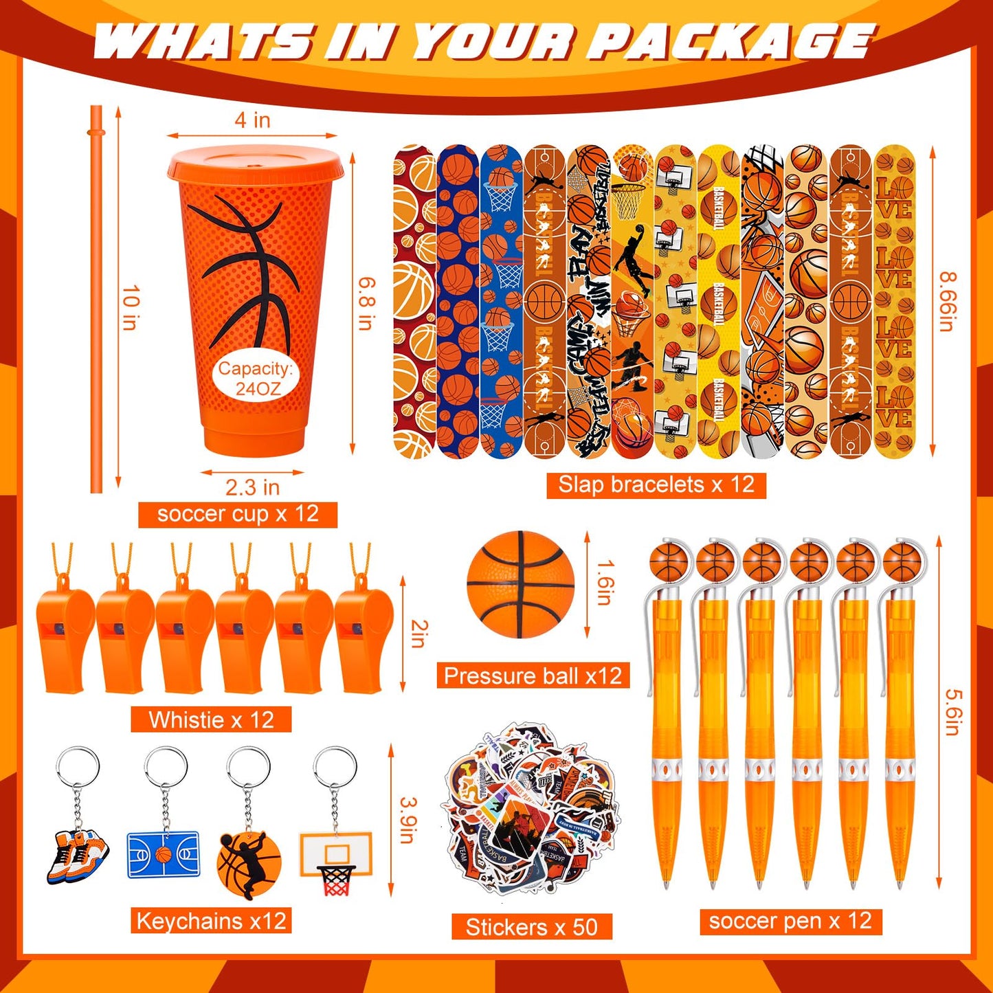 Hollowfly 122 Pcs Basketball Party Favors Set Basketball Goodie Bags Stuffers Includes Cups with Straw Mini Stress Ball Keychains Slap Bracelets Whistles Stickers Pens for Birthday Party Supplies