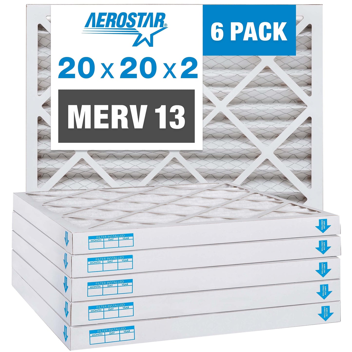 Aerostar 20x20x2 MERV 13 - 6 Count - Pleated HVAC, Furnace & Air Conditioner Filters - Removes Bacteria, Dust, Cold & Flu Germs, Lint, Mold, Pet Dander, Allergy-Causing Pollen, Smog, Smoke & Viruses