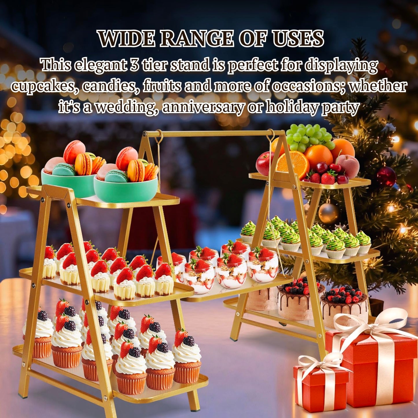 QDXIW Metal 3 Tier Cupcake Stands, Large Capacity Serving Removable Tray Dessert Stands with Swing Design and Anti-slip Base, Food Display for Parties and Events, Wedding, 32.28*15.55*20.47Inch (Gold)