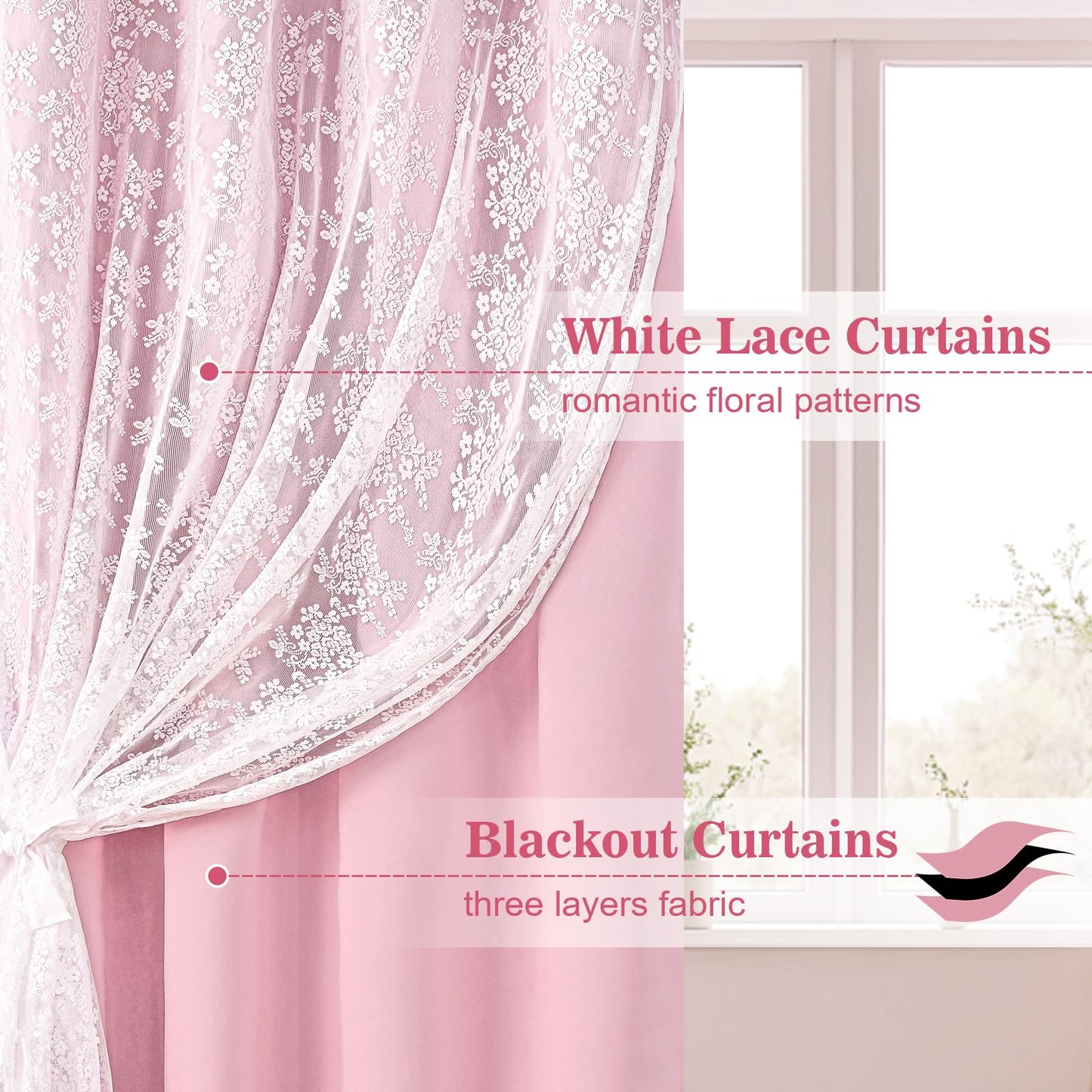 Yinhua Pink Curtains for Girls Room Double Layer Blackout Curtains for Bedroom 84 Inches Long Nursery Curtain for Living Room, Grommet Drapes with Tiebacks, 52" W x 84" L
