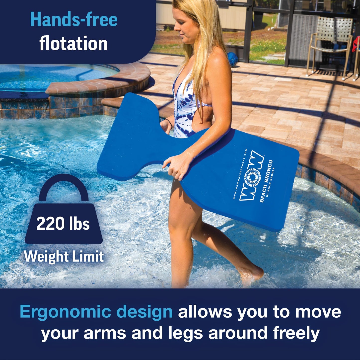 WOW Sports - Foam Water Saddle Float for Kids & Adults - Blue High Back Design - 1 Person Pool Seat - Whale Tail - Pool Party Accessory