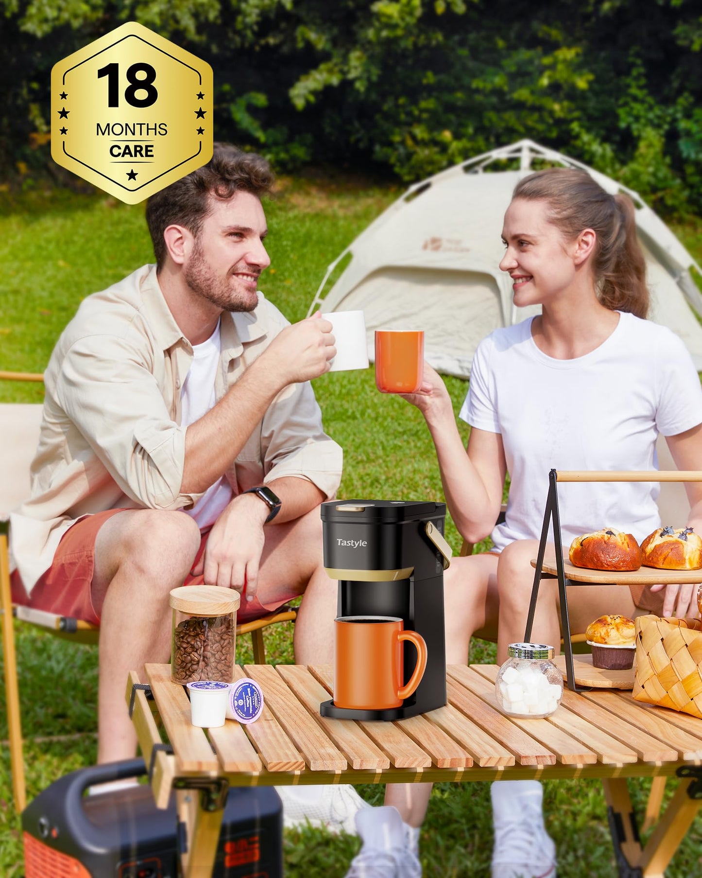 Tastyle Single Serve One Cup Coffee Maker, for K Cups and Grounds, Mini Coffee Maker with Portable Handle, 6 to 12 Oz Brew Size, for Travel, Camping, Office, RV and Dorm, 120V, Black and Gold