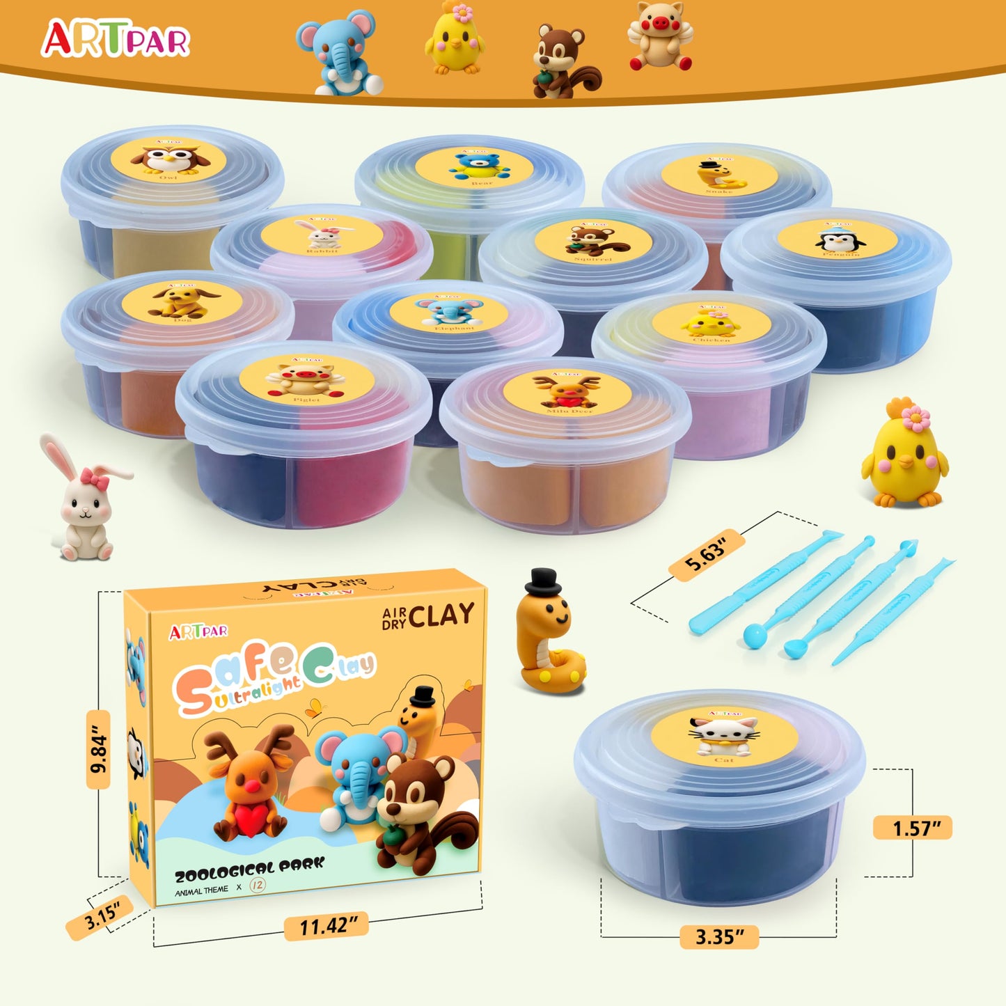 ARTPAR Air Dry Clay Kits for Kids-Modeling Magic Clay,12 Animals DIY Molding Clay Art Crafts Set,Ultra Light & Soft, Safe & Non-Toxic with Sculpting Tools & Tutorials, Unique Gifts for Boys & Girls