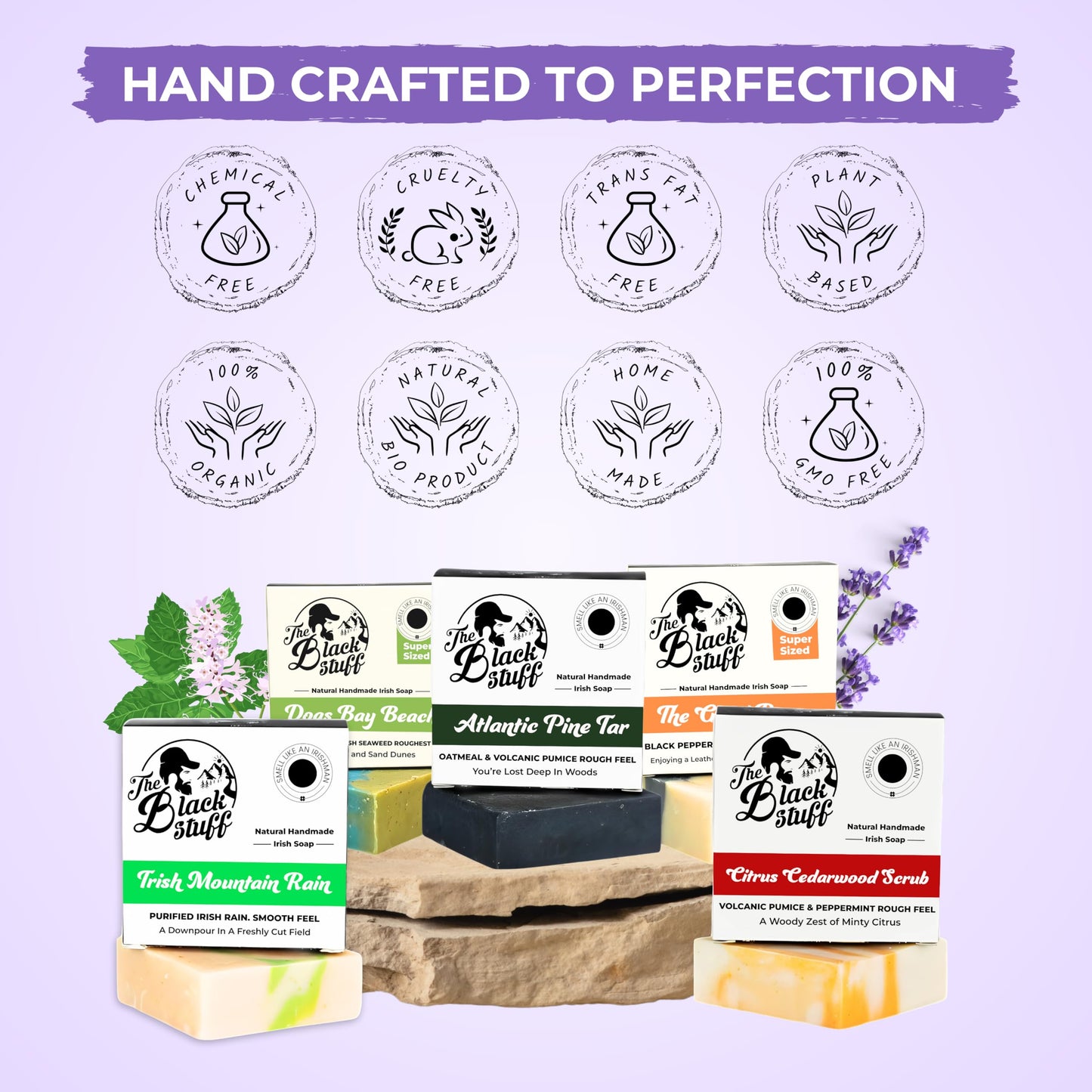 All Natural Bar Soap for Men Handmade Cold Process with Organic Ingredients and Essential Oils Mens Soap - Pine Tar, Citrus Cedarwood, Irish Mountain Rain, Good Room, Dogs Bay Beach Pack of 5