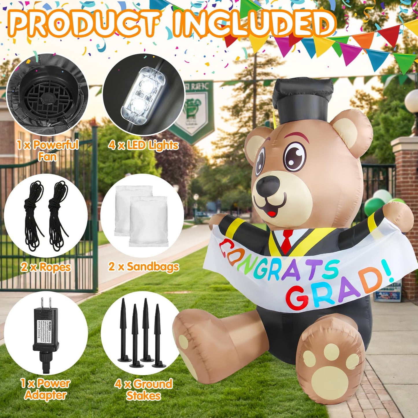 Boveco 6FT Graduation Inflatable Decoration Bear Blow Up Yard Decorations Bear with LED Lights Indoor & Outdoor Vacation Yard Garden Lawn Décor Commencement Season Graduation Ceremony