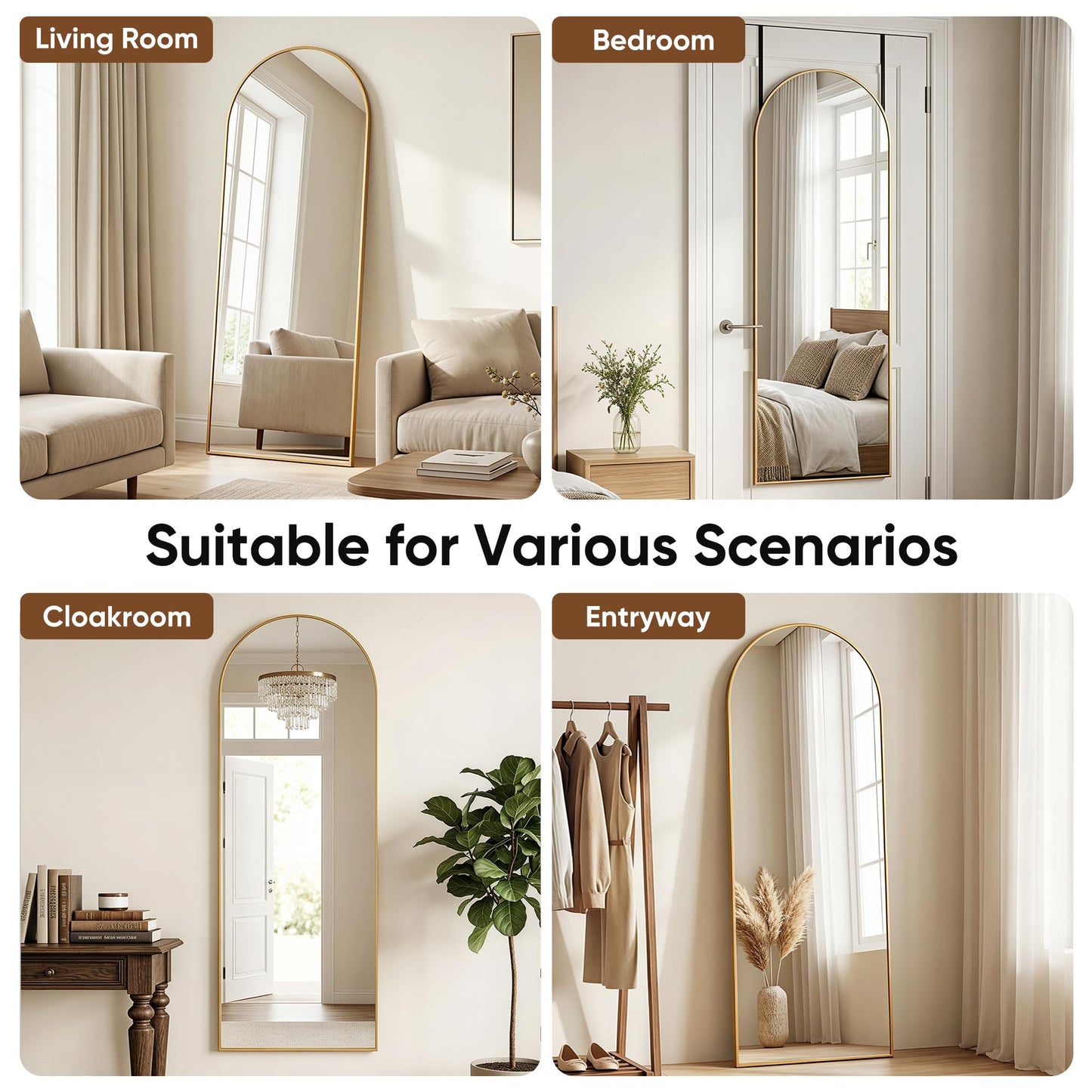Homsion 58"x20" Over The Door Mirror, Arched Full Length Mirror with Aluminum Frame, Adjustable Hooks, Wall Mounted or Standing for Bedroom Living Room, Gold