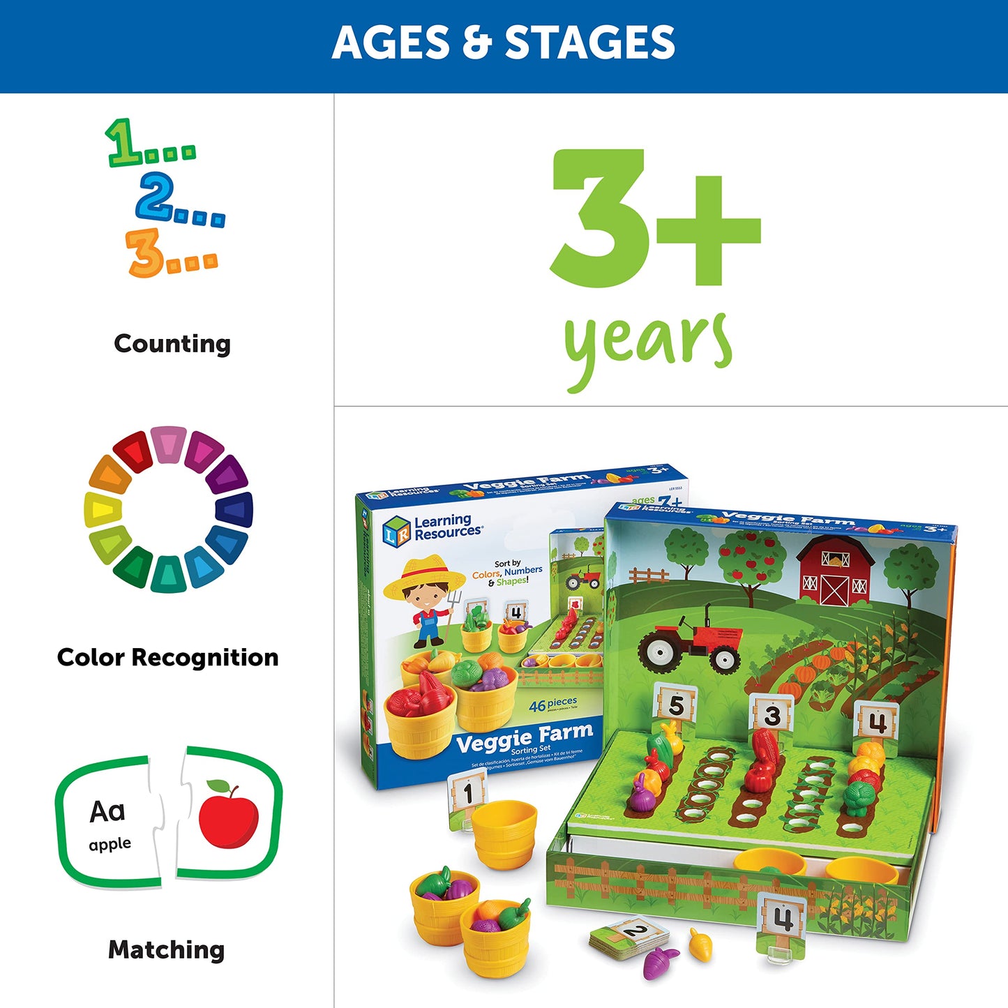 Learning Resources Veggie Farm Sorting Set - 46 Pieces, Ages 3+ Toddler Learning Games, Educational Games for Kids