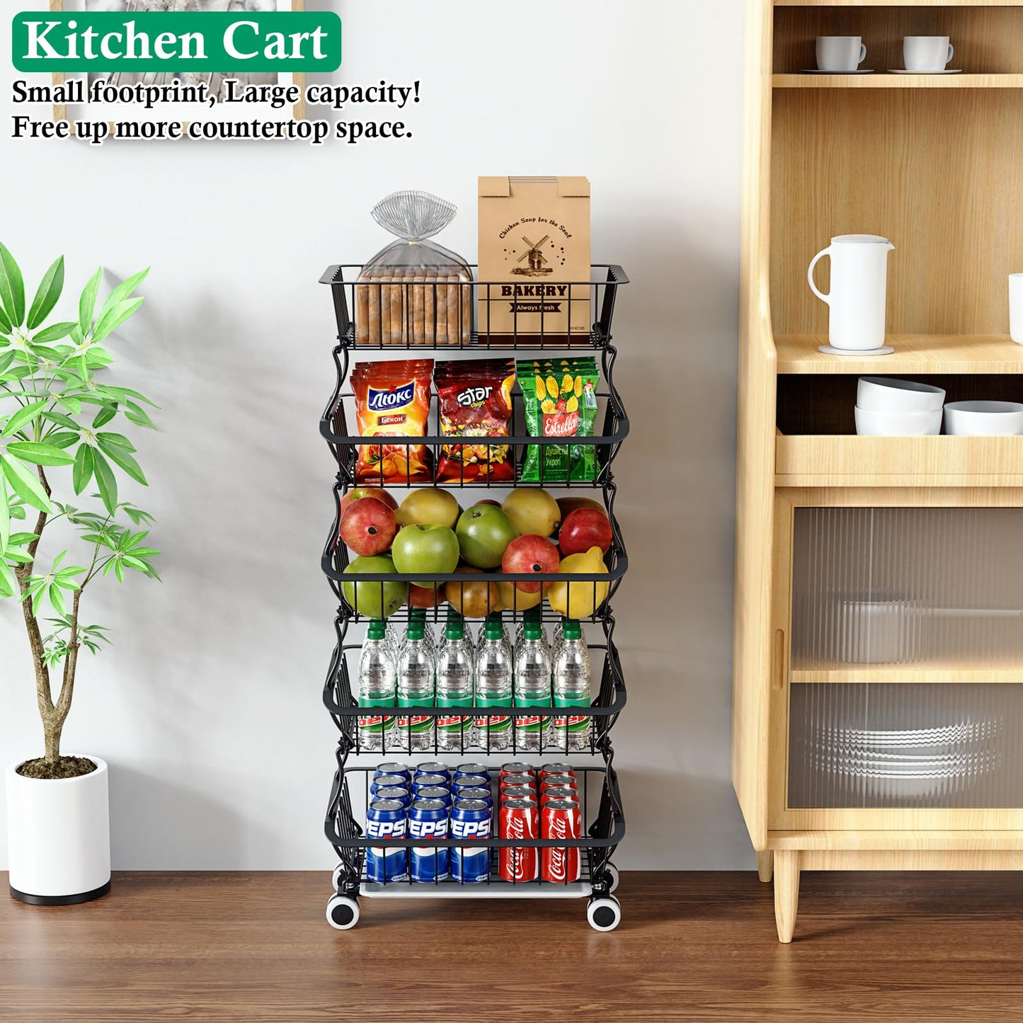 OKZEST 5 Tier Fruit Basket for Kitchen, Stackable Bins Wire Rack with Wheels, Fruit and Vegetable Storage Basket Pantry Food Snack Organizer Shelf, Kitchen Storage Cart for Onion and Potato, Produce