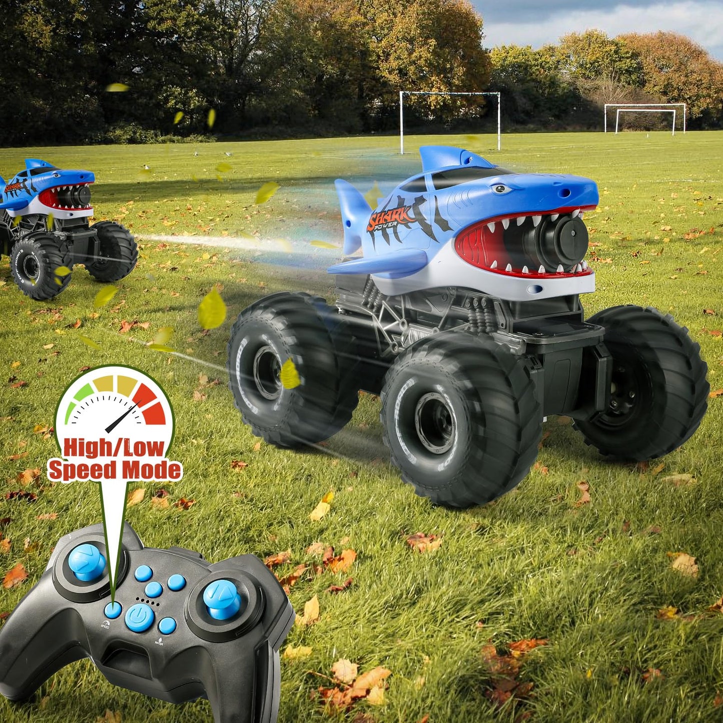 BOBXIN Amphibious Remote Control Shark Monster Truck with Water Squirt,4WD All-Terrain Off-Road 2.4Ghz Waterproof RC Stunt Car Pool Water Toys for Kids Age 6+
