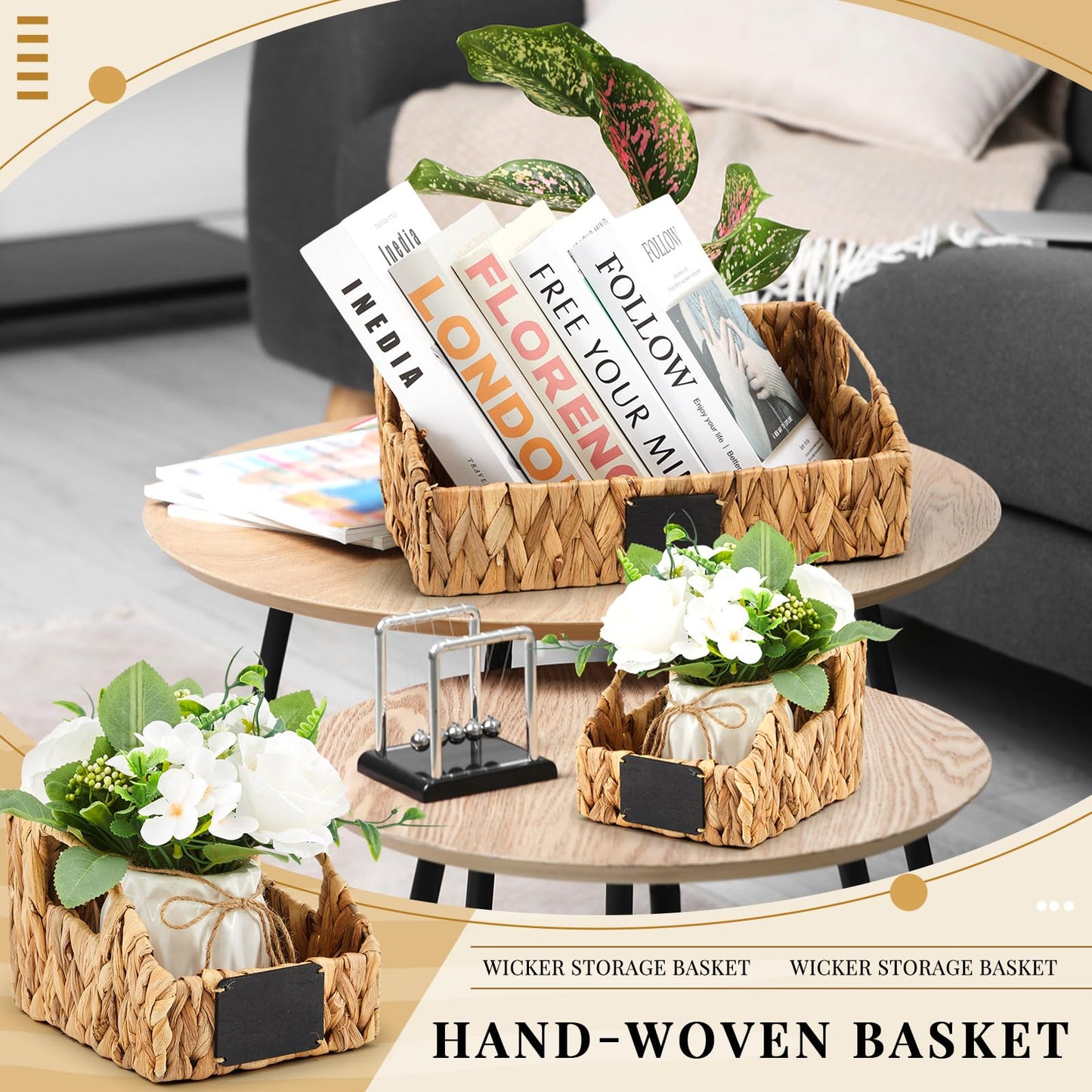 Wonderjune 4 Pcs Natural Water Hyacinth Storage Baskets Set Stackable Handwoven Wicker Storage Bins with Chalkboard Label Built-in Handles Woven Container Basket Kitchen Storage Baskets for Shelves