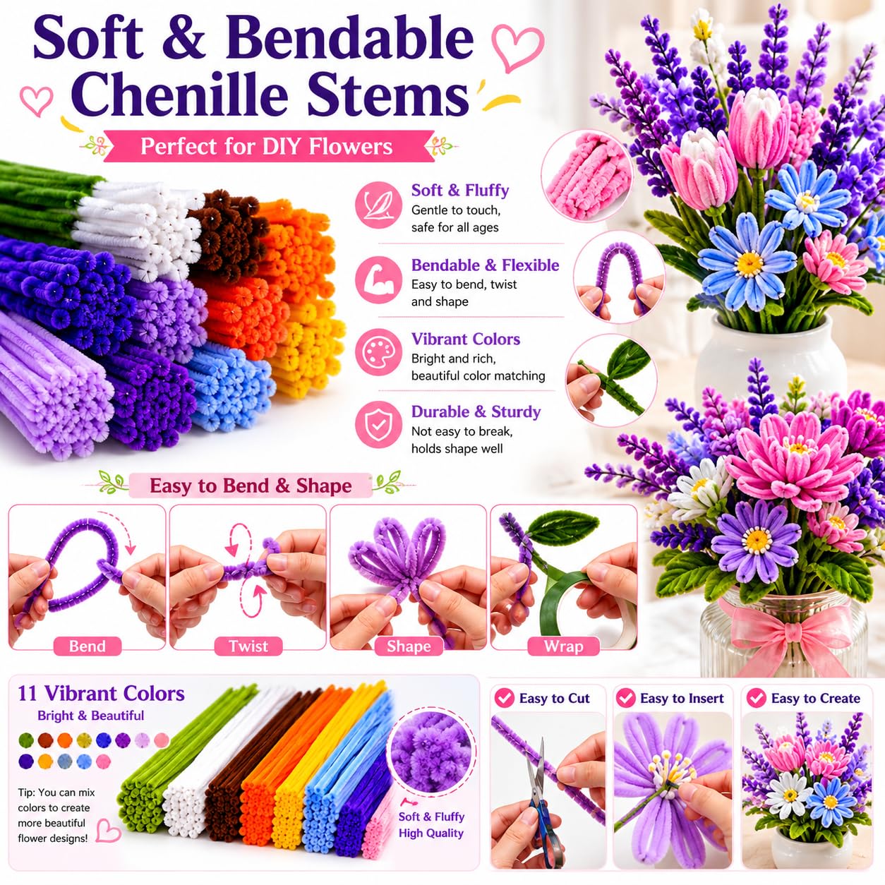 790 PCS Pipe Cleaner Flower Kit, Flower Pipe Cleaner Bulk Set, Pipe Cleaners Pastel for Pipe Flowers, DIY Pipe Cleaner Bouquet Craft Supplies for Handmade Gifts