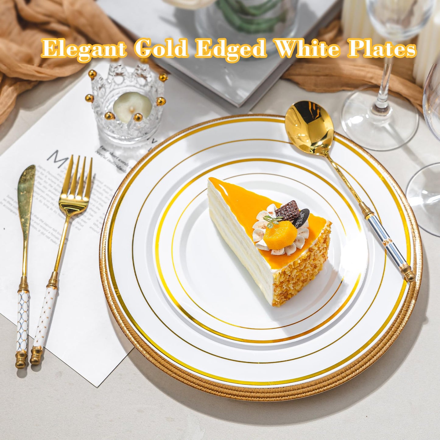 Pryntono 200PCS Gold Plastic Plates, Disposable Party Plates with Gold Rim, Include 100 Dinner Plate and 100 Elegant Dessert Plate for Party and Wedding