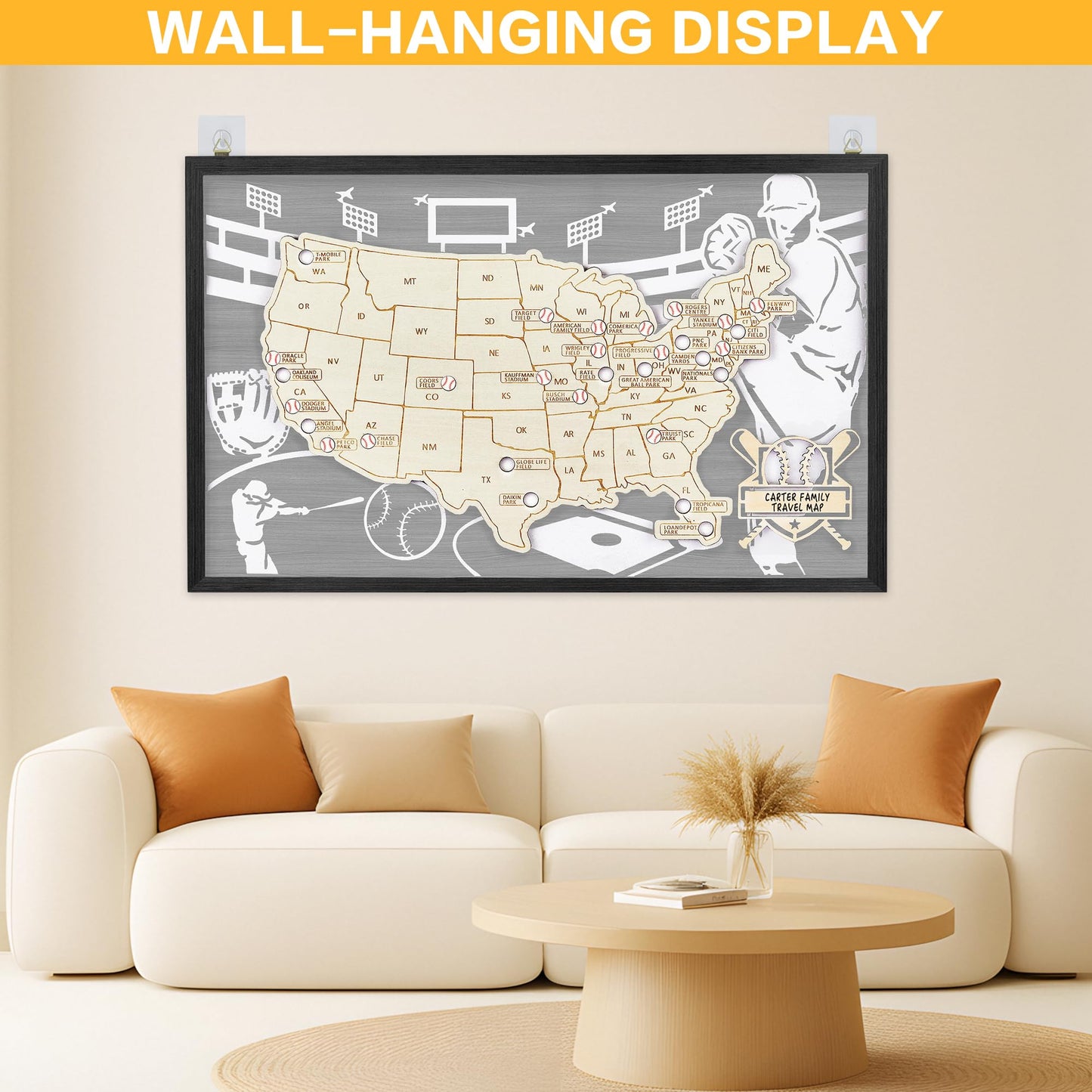 Baseball Stadium Map,USA Travel Map with Pins,Baseball Decor,Sports Memorabilia US Ballparks Travel Tracker,United States Maps for Wall,Baseballs Gift for Men Boys MLB Fans Baseballism (Gray)