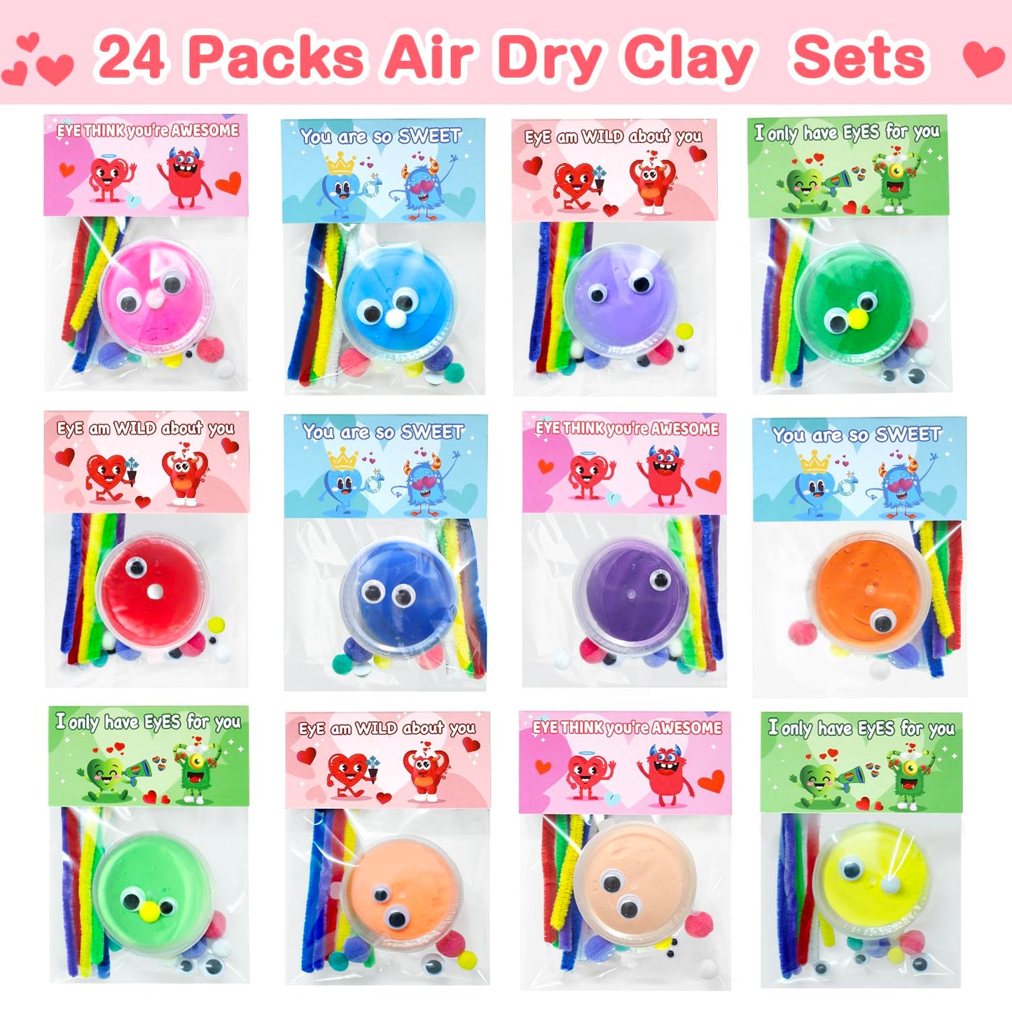 DEKWELL 24 Packs Valentines Day Cards for Kids School Classroom with DIY Air Dry Clay Bulk,Valentines Day Gifts for Kids Classroom Valentine Exchange Presents
