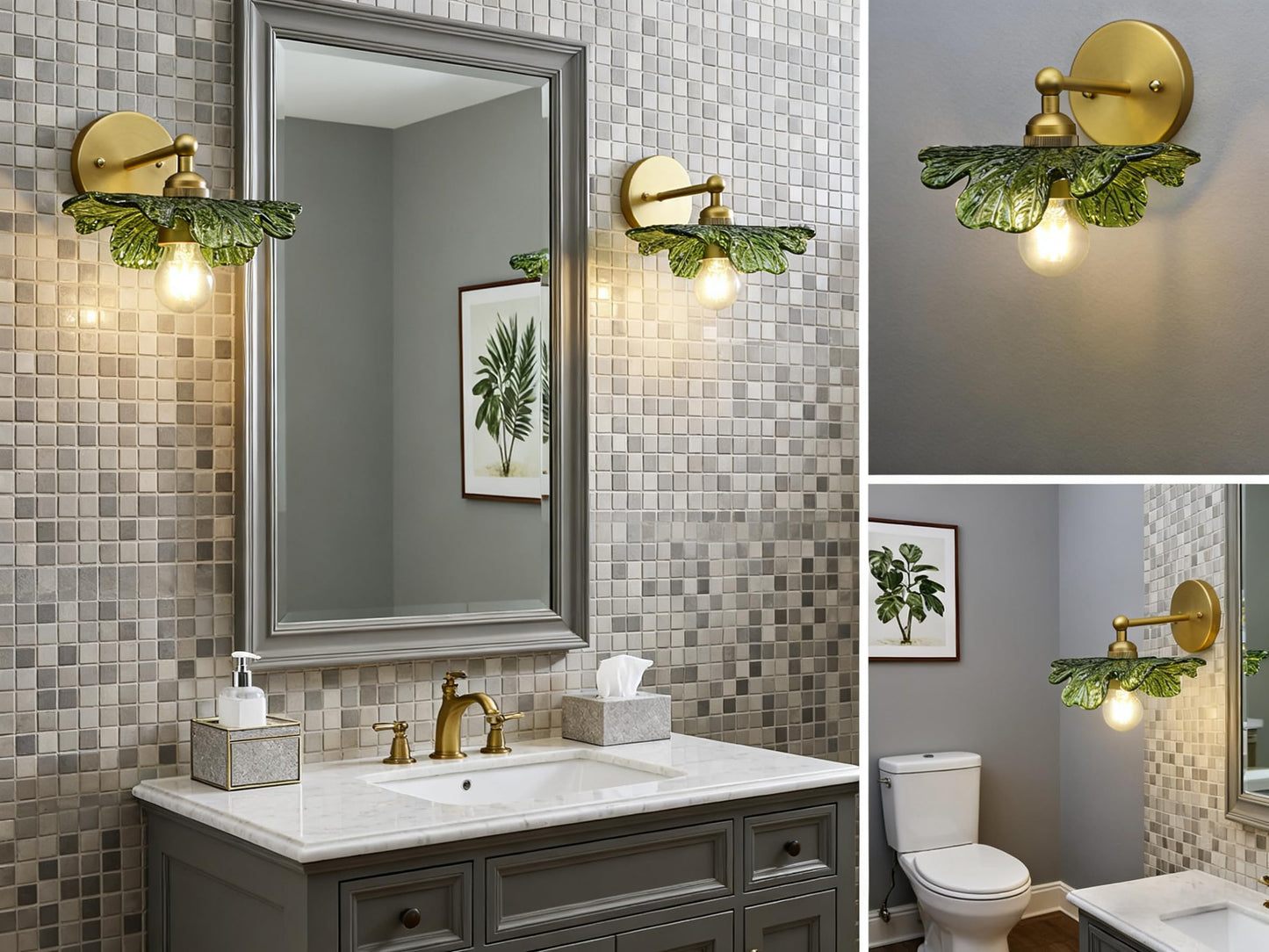 Yosoan Brass Gold Retro Glass Wall Sconce with Green Flower Shade, 1-Light Antique Indoor Vanity Vintage Boho Wall Mounted Hardwired Fixture for Kitchen Bedroom Living Room Bathroom