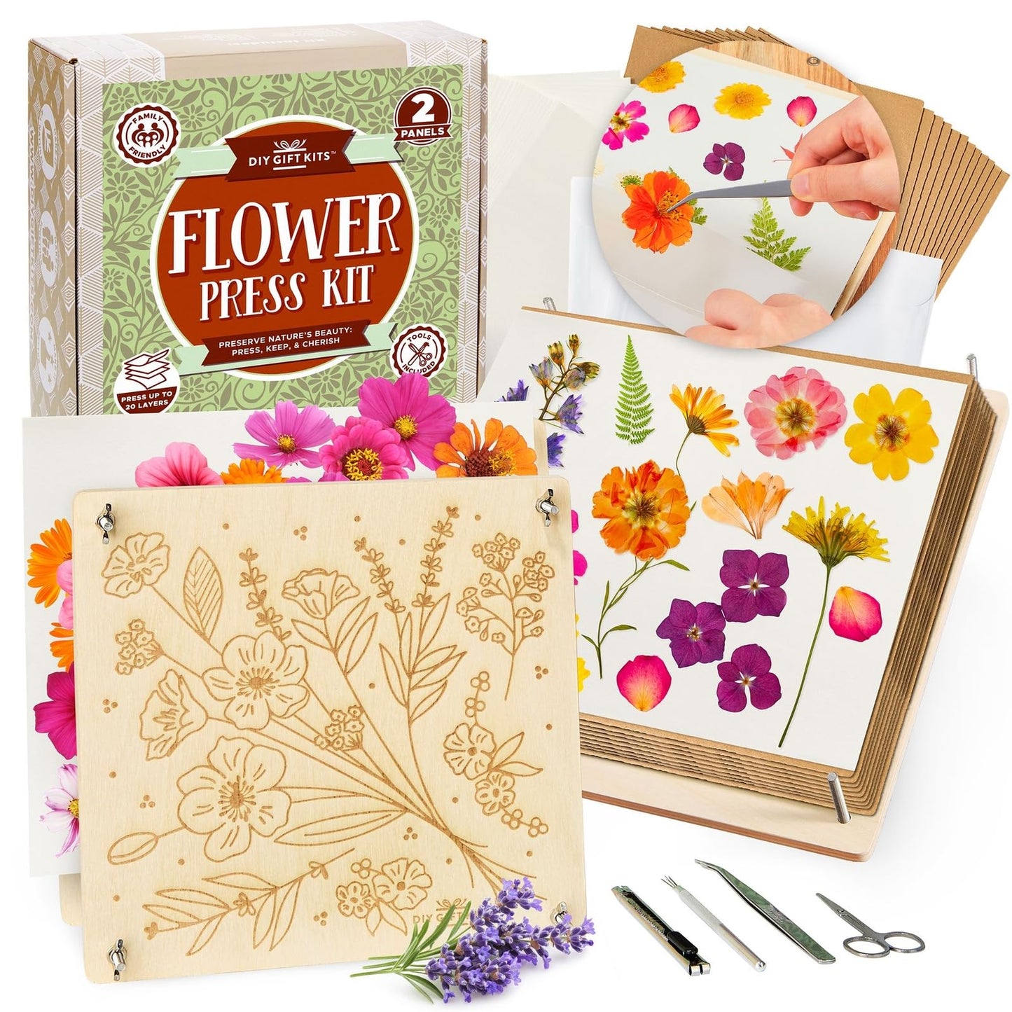 DIY Gift Kits Dried Flower Press Kit - Easy Dried Flower Crafting & Preservation - Adult Beginner Gift Set - 10x10 Inch Wooden Panels, Set of 2