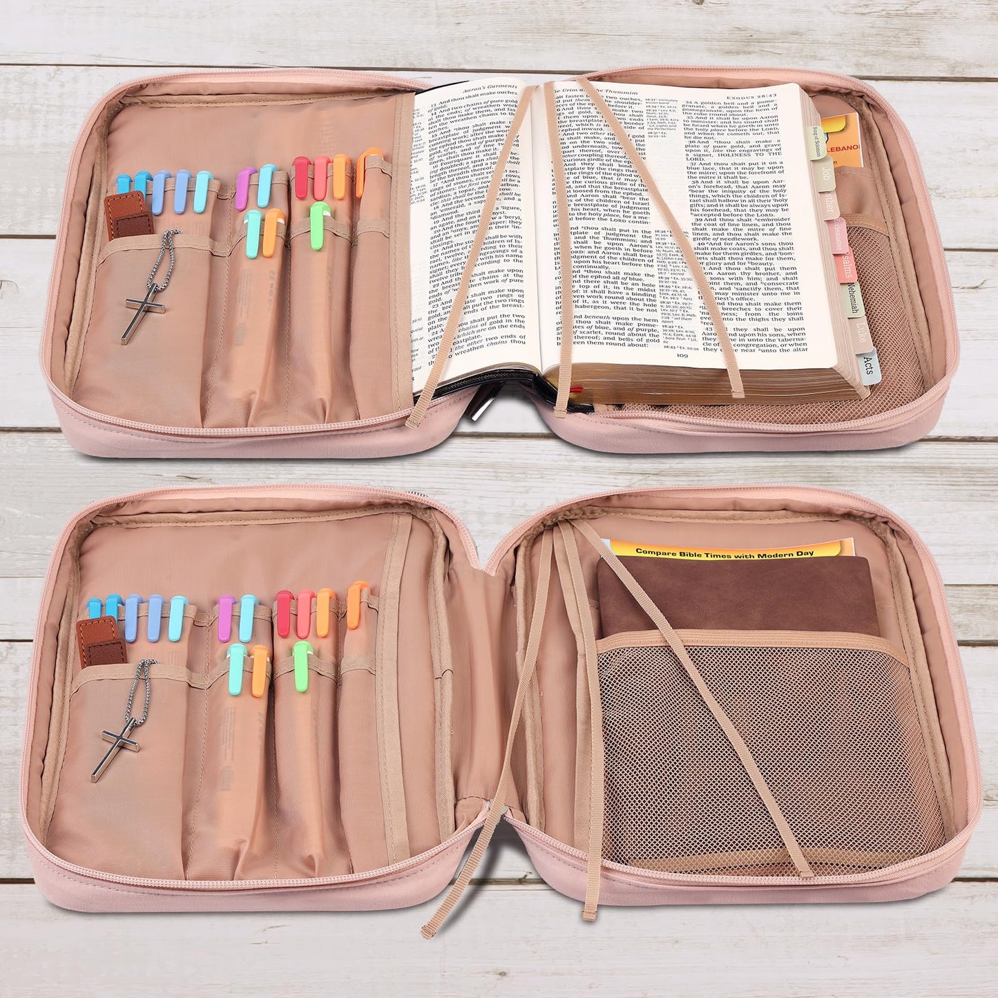 FINDCOZY Bible Cover for Women, Durable Carrying Book Case Church Bag for Biblical Accessories with Handle and Zippered Pocket, for Scriptures, Pink