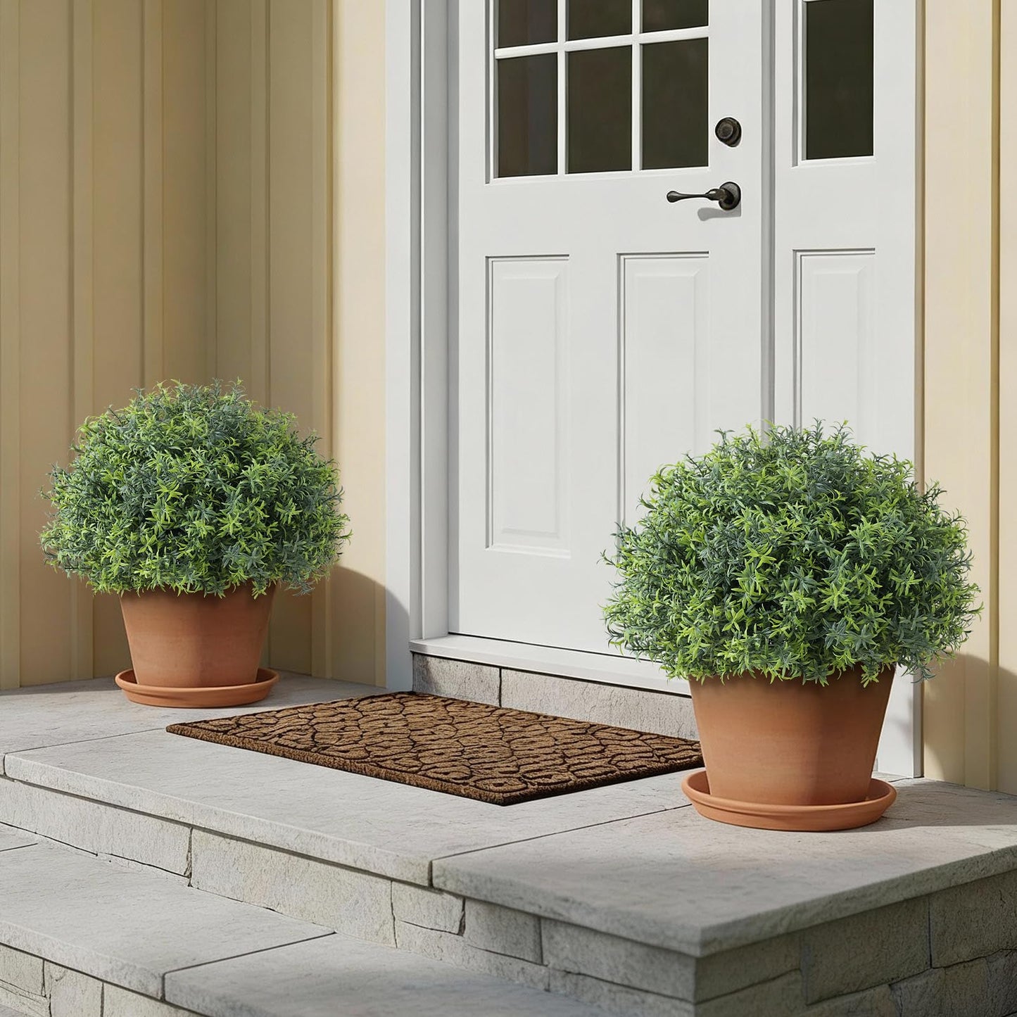 2 Sets Artificial Rosemary Topiary Ball Trees for Front Door - UV Resistant Faux Outdoor Rosemary Bushes, Fake Spring/Summer Greenery Potted Plants for Farmhouse Garden Porch Outside Decor