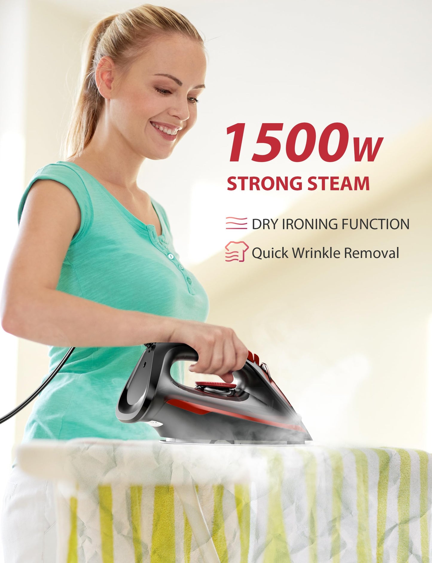 Iron Steamer for Clothes with Irons Burst of Steam, 1500W Iron Non-Stick Ceramic Soleplate, Auto Shutoff, Leakproof, Steam Burst, Spray Mist and Auto Clean Button 12.31oz Water Tank Ironing Clothes