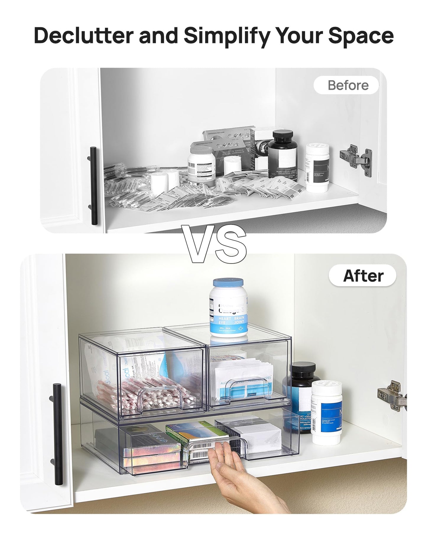 Vtopmart Stackable Storage Drawers Set of 4, Clear Plastic Organizer Bins for Bathroom Supplies,Ideal for Cabinet,Pantry,Laundry Room Organization