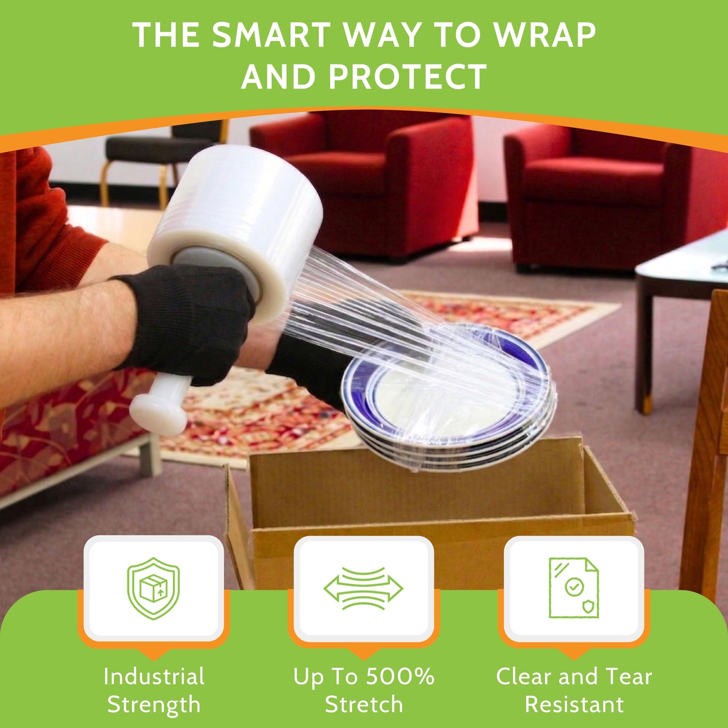 PSBM Mini Stretch Wrap with Plastic Handle, 12 Rolls 5 Inch x 1000 Feet 80 Gauge Heavy Duty up to 500% Stretch Clear Plastic Wrap Industrial Strength Shrink Film for Moving, Packing & Shipping