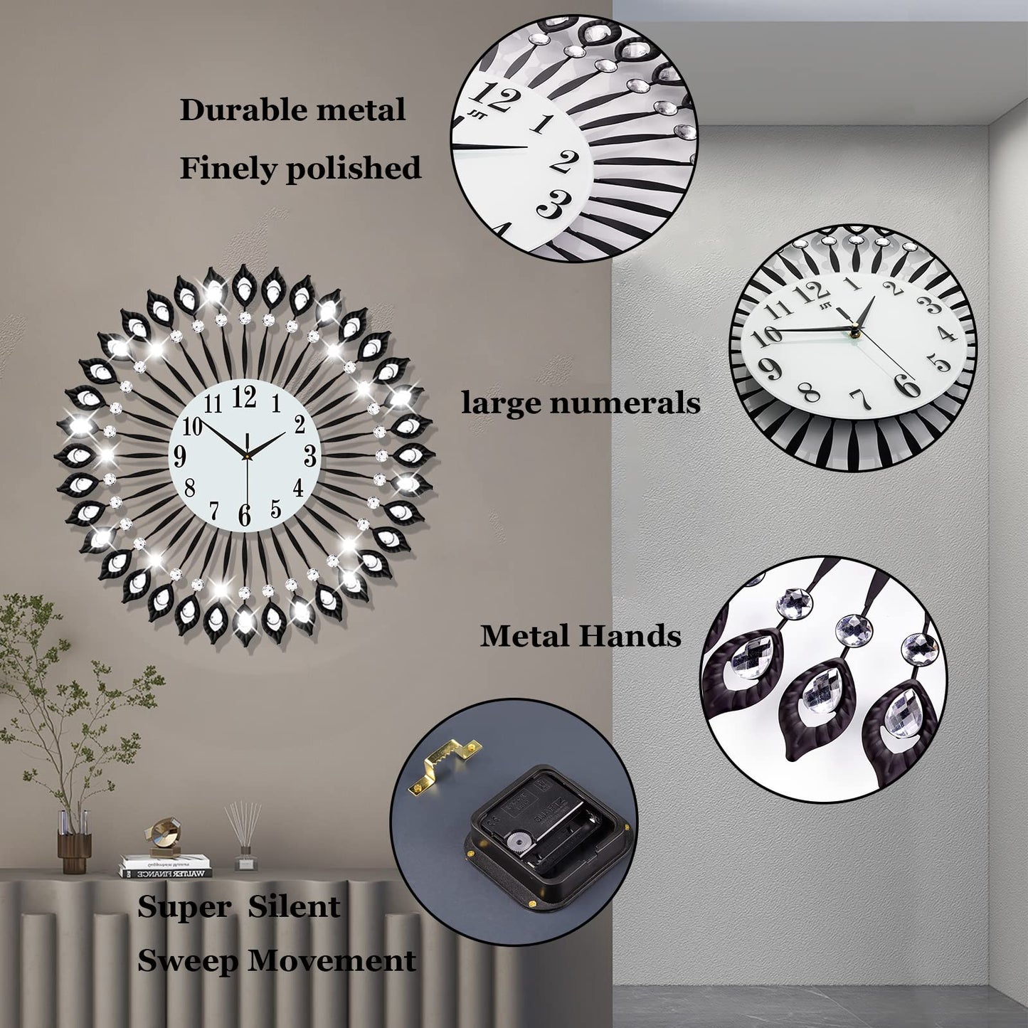 JTWALCLOCK Modern Large Wall Clock for Living Room Decor Extra Wall Clock for Bedroom Kitchen Office Indoor 24 Inches Home Decoration Big Black Crystal Wall Clocks Battery Operated Non Ticking Quartz