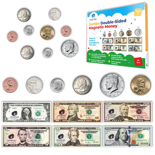 48 PCS Large Double-Sided Magnetic Money - Play Money for Kids for Learning, Pretend Money for Classroom, Toy Money, Play Coins for Kids, Money Games, Practice, Money Manipulatives, Class Money Set