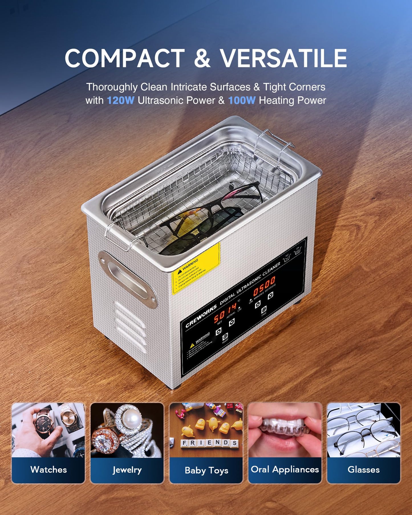 CREWORKS 3L Ultrasonic Cleaner, 0.8 gal Digital Sonic Cavitation Machine, 120W Stainless Steel Professional Jewelry Cleaner for Cleaning Tool Watch Glasses Retainer Denture Parts with Heater & Timer