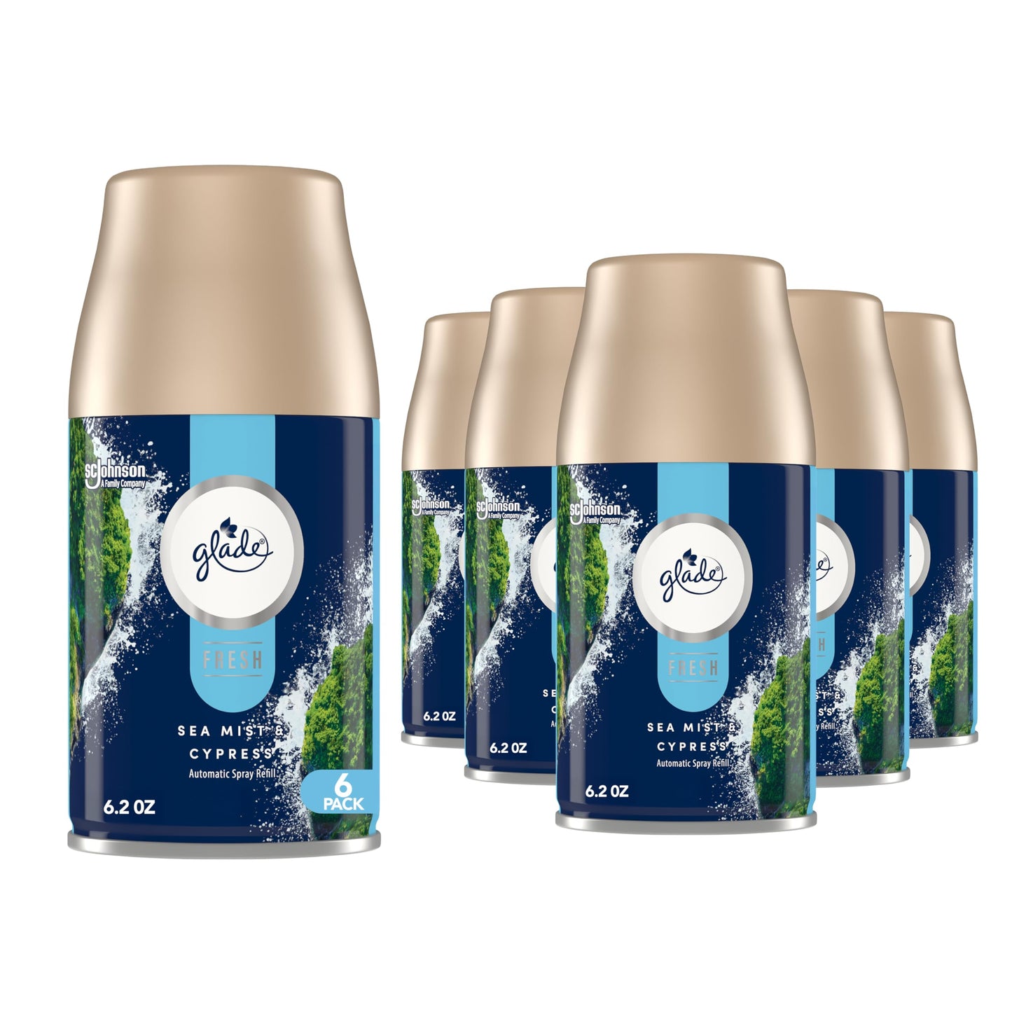 Glade Automatic Spray Refill, Sea Mist & Cypress, Scented Air Freshener for Home and Bathroom, 6.2 Oz, 6 Count