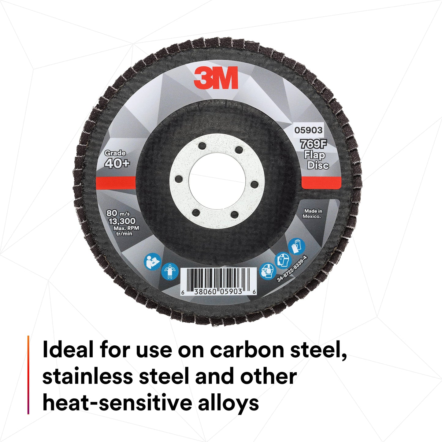 3M Flap Disc 769F, Type 27, 40+, 4-1/2 in x 7/8 in, High Performance Abrasive, Ceramic Precision-Shaped Grain Grinding and Finishing Disc, Carbon Steel, Stainless Steel