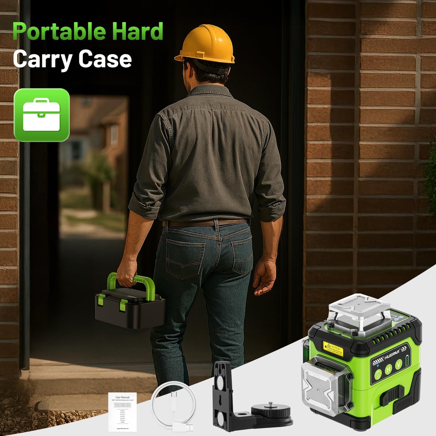 Huepar Laser Level with Digital Angle Screen, 3 x 360° Self Leveling High Brightness 12 Green Cross Line Laser for Construction and Picture Hanging, 4000 mAh Rechargeable Battery & Hard Carry Case