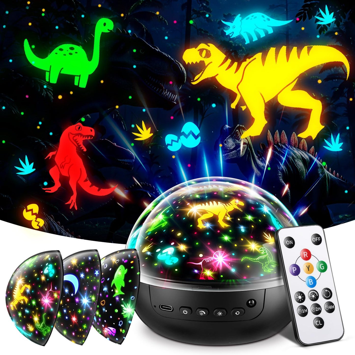 Kids Night Light Projector with 3 Films & 93 Effects, Remote & 3 Timer - Rotating Dinosaur Night Light for Kids' Room