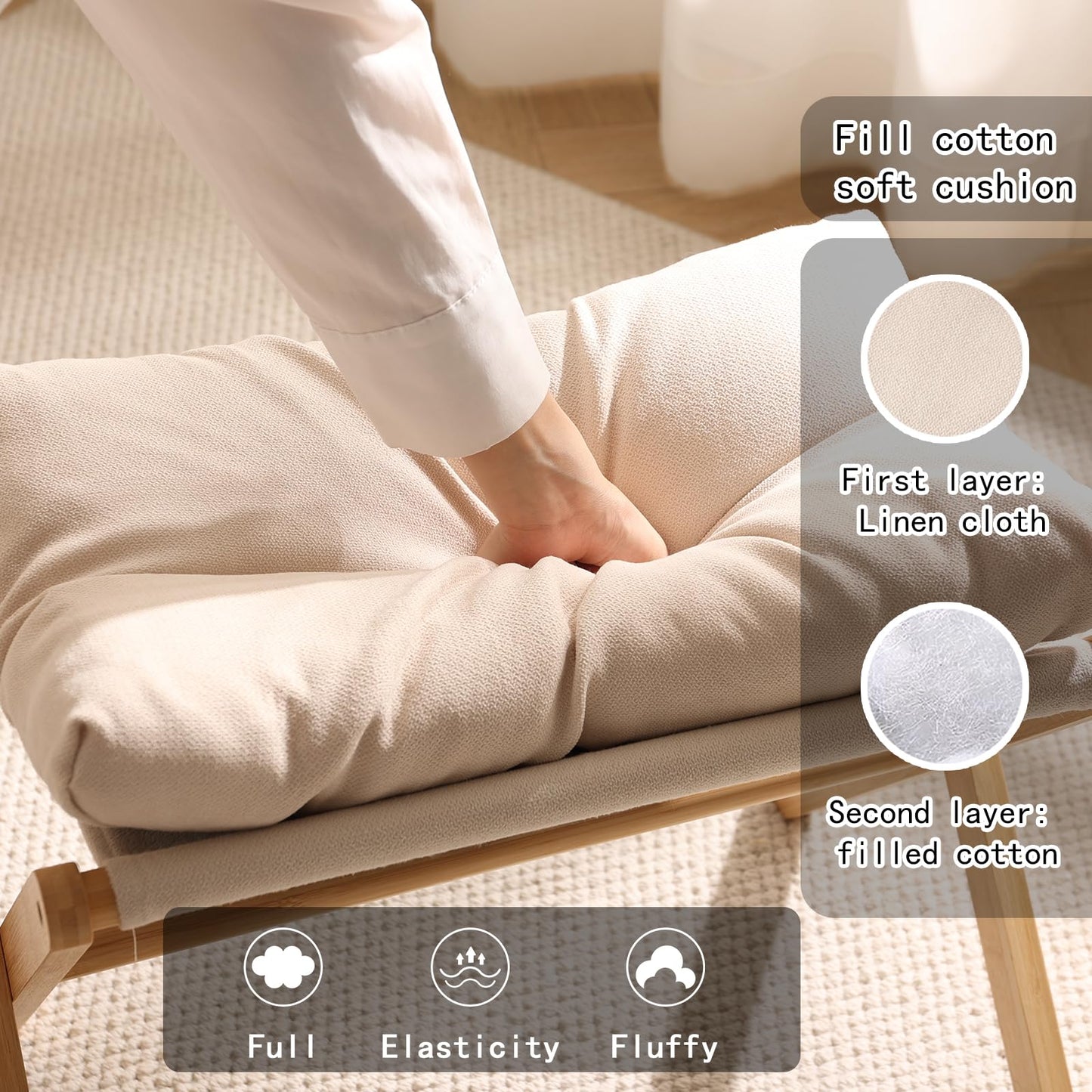 Baveke Folding Upholstered Footrest Stool, Small Accent Ottoman with Thick Cotton Cushion & Bamboo X Legs, Modern Padded Sofa Stool for Makeup Bedroom Living Room (Beige)