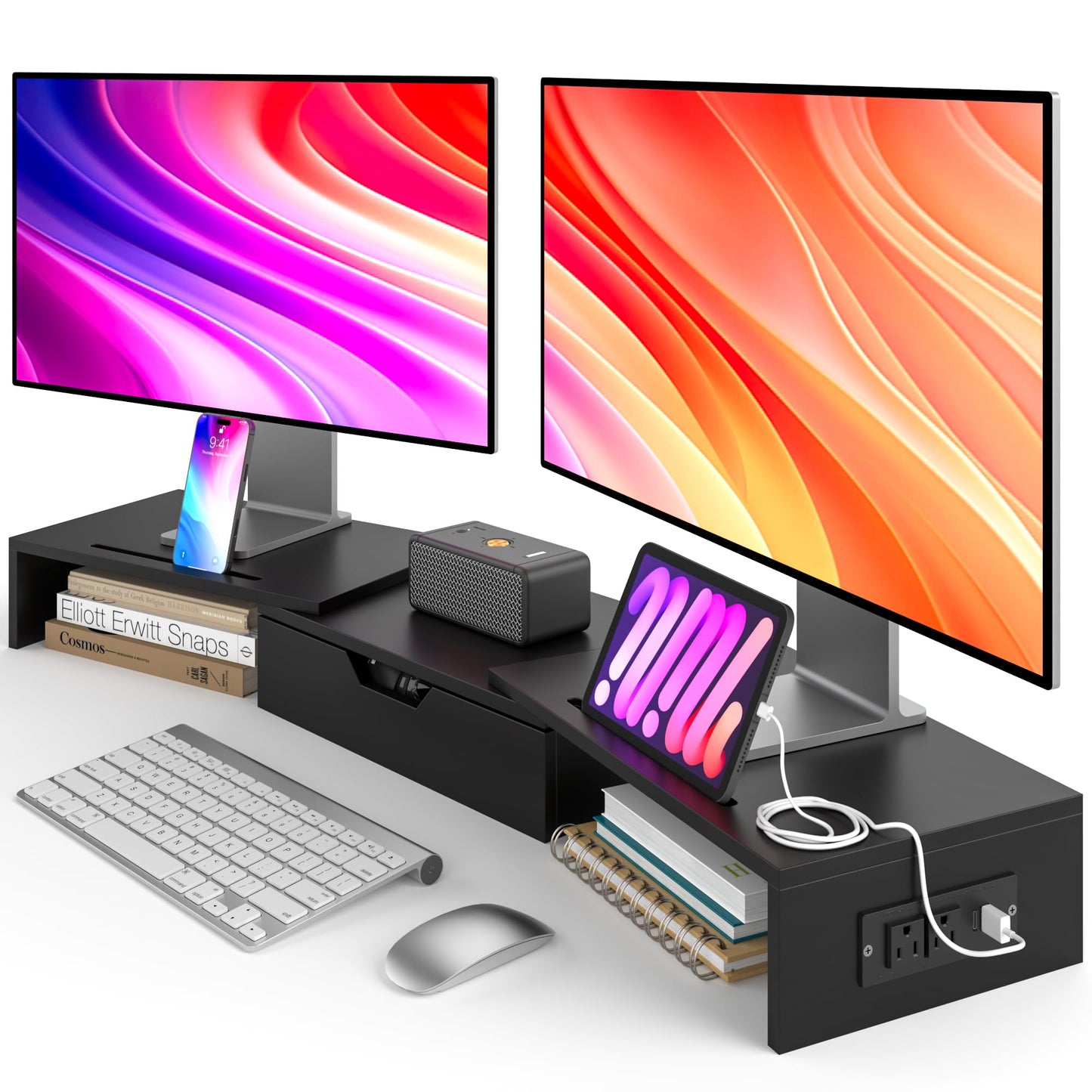 Elephance Dual Monitor Stand with USB Ports,Wood Computer Monitor Stand Riser with Drawer,Adjustable Desk Shelf,Desk Organizer for Computer,Laptop,No Assembly Required,Black