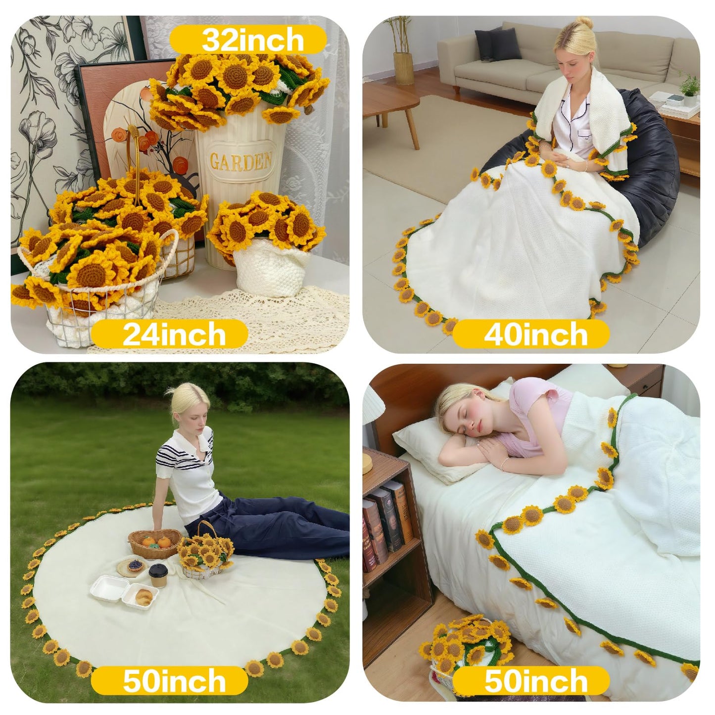 SoffMoiis Crochet Sunflower Bouquet Blanket, Handmade Flower Blankets, 59 Inch Round Floral Knitted Gifts for Mother's Day, Birthday, Teacher, Friend, Home Decor, Sofa（Finished Product）