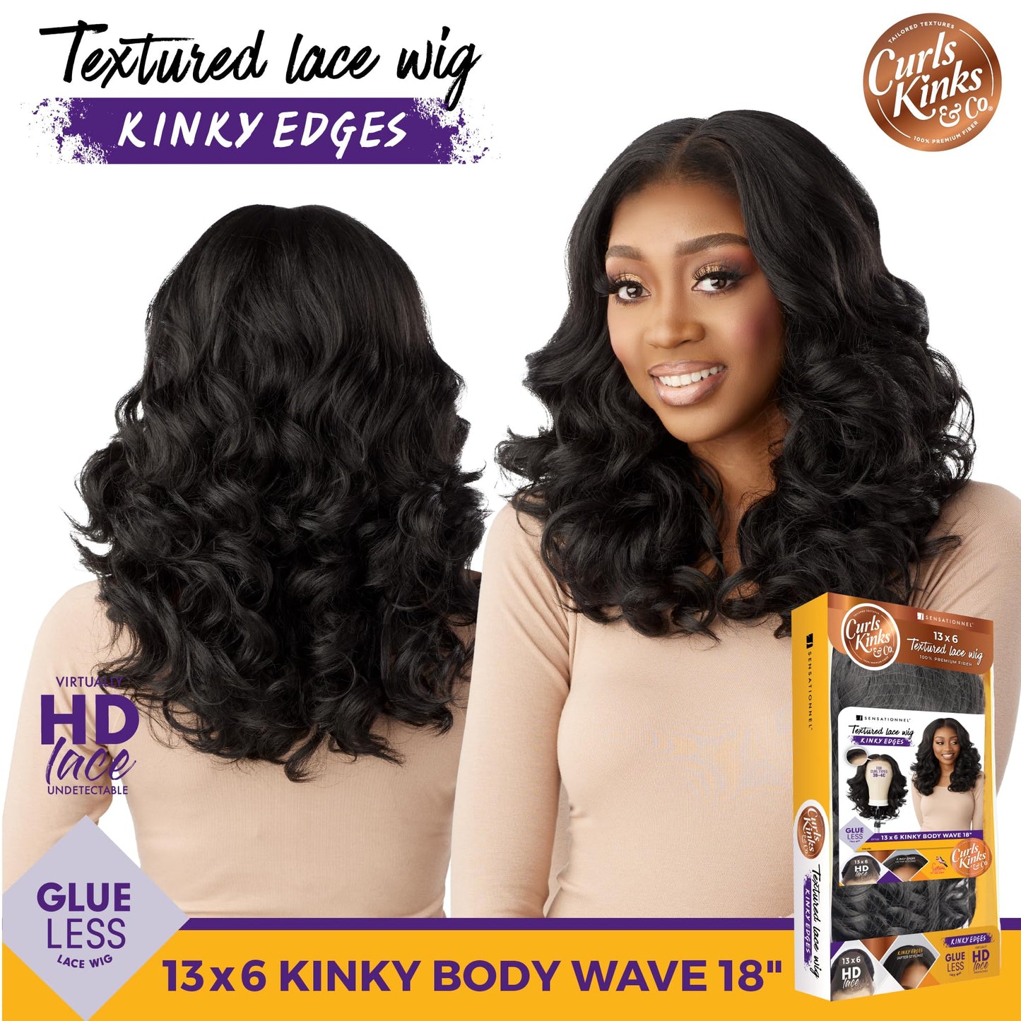 Sensationnel Curls kinksandco kinkyedges wig - kinky body wave 18 inch 13x6 lace frontal natural kinkytexture edged hairline for natural 3c to 4c hair textures (2 DARKBROWN)