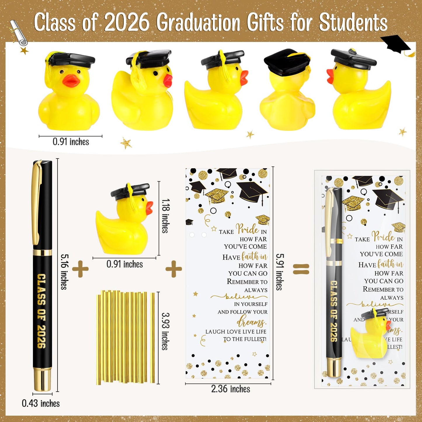 Sayglossy 30 Sets Graduation Gifts Bulk Class of 2026 Gel Ink Pen Mini Card Cap Yellow Resin Duck Graduation Party Favors End of Year Gift(Black)