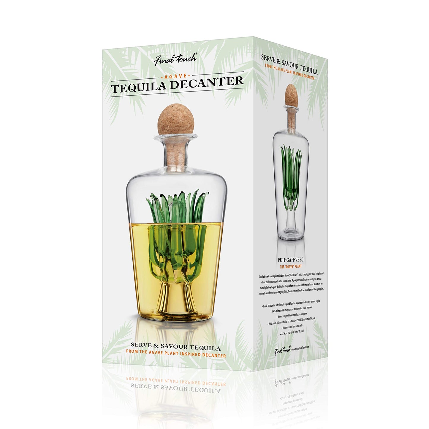 Final Touch Agave Tequila Decanter - 850ml Handmade Bottle with Natural Cork Stopper and Wide Spout for Smooth Pouring - Inspired by Agave Plant for Tequila Serving (TQ5301)