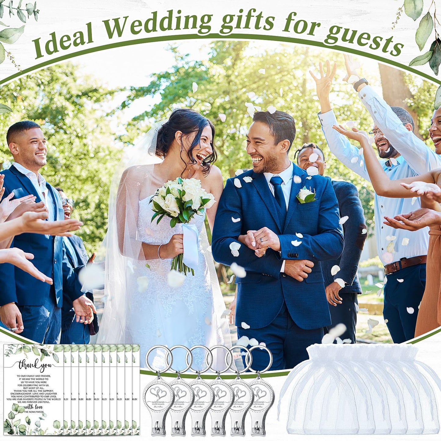 Fulmoon Wedding Multi Function Bottle Opener Nail Clipper Wedding Favors Brewery Cards White Organza Bags for Party Supplies Gift Souvenir Guests Men Women(100 Sets)