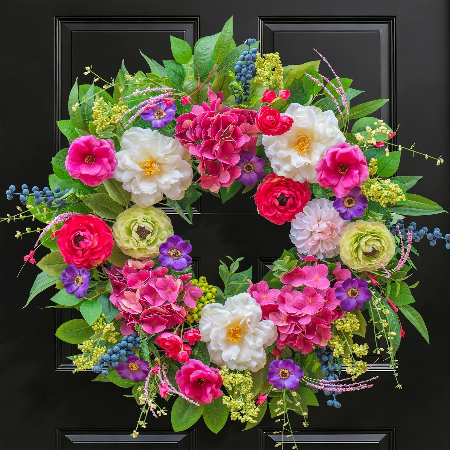 Pinkpuii Spring Wreaths for Front Door 24 Inch Lush Spring Door Wreath with Pink Peonies, Roses, White Blooms & Greenery, Garden Style Summer Flower Wreath for Front Porch, Entryway & Wall Window