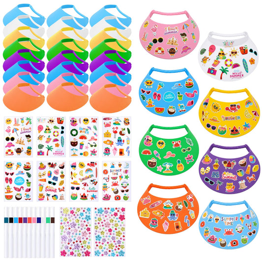 Chzhwlc 24 Sets Summer Felt Visor Hats Crafts Kits Bulk, DIY Beach Sun Visor Hat Activities with Stickers for Summer Party Crafts Hawaiian Party Supplies